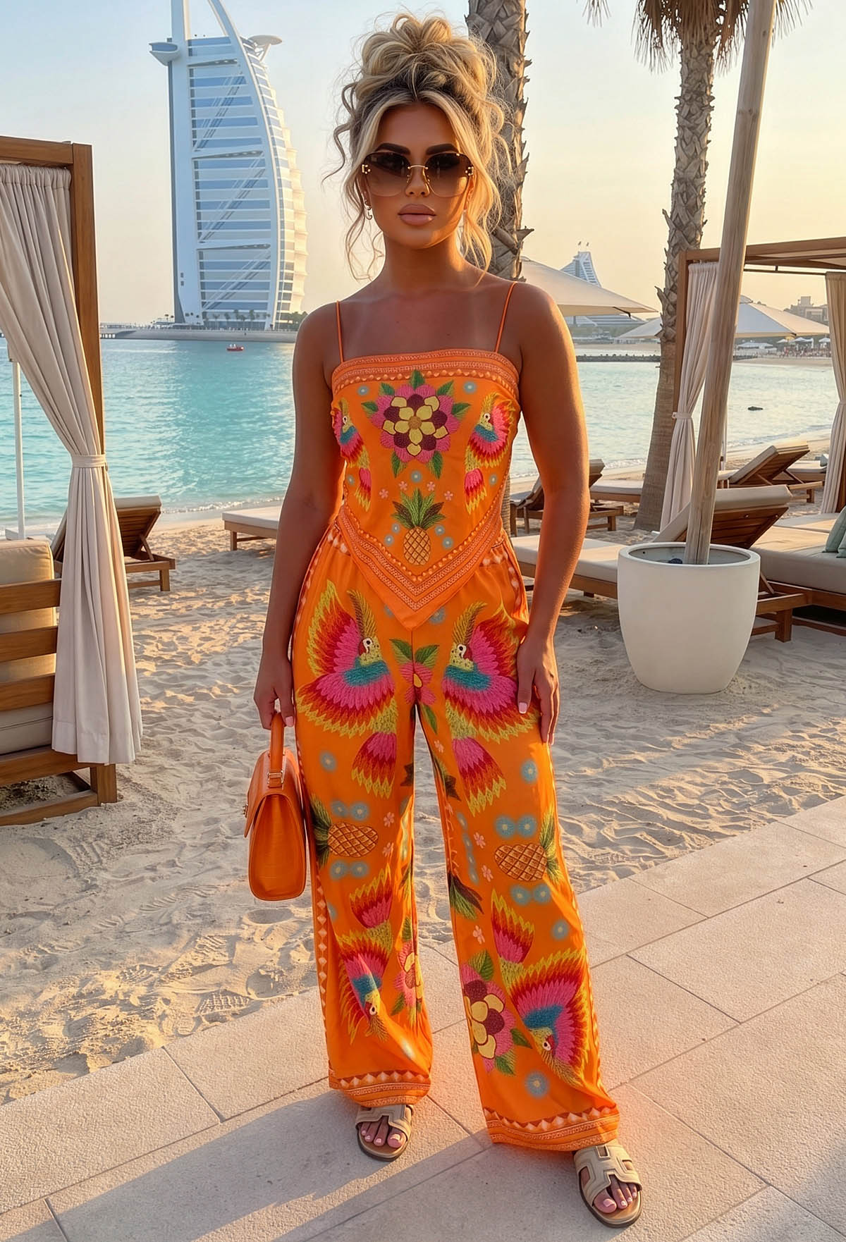 Sunkissed Sizzle Orange Satin Top & Trouser Co-Ord Set
