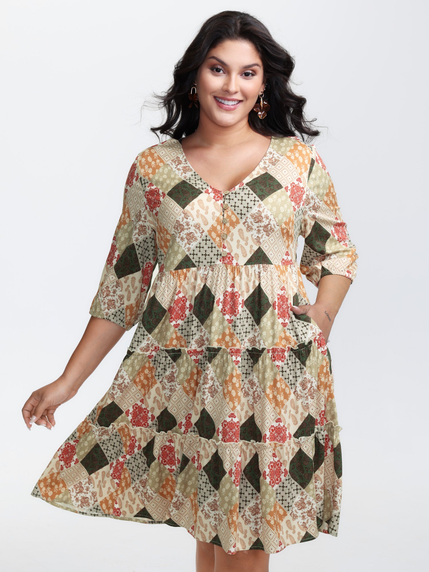 Boho Print A-Line Tiered Knee-Length Dress