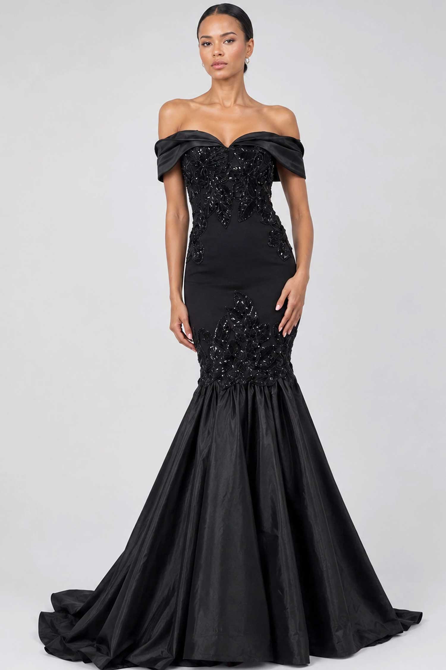 Jovani 50209 Leaf Applique Off Shoulder Dress