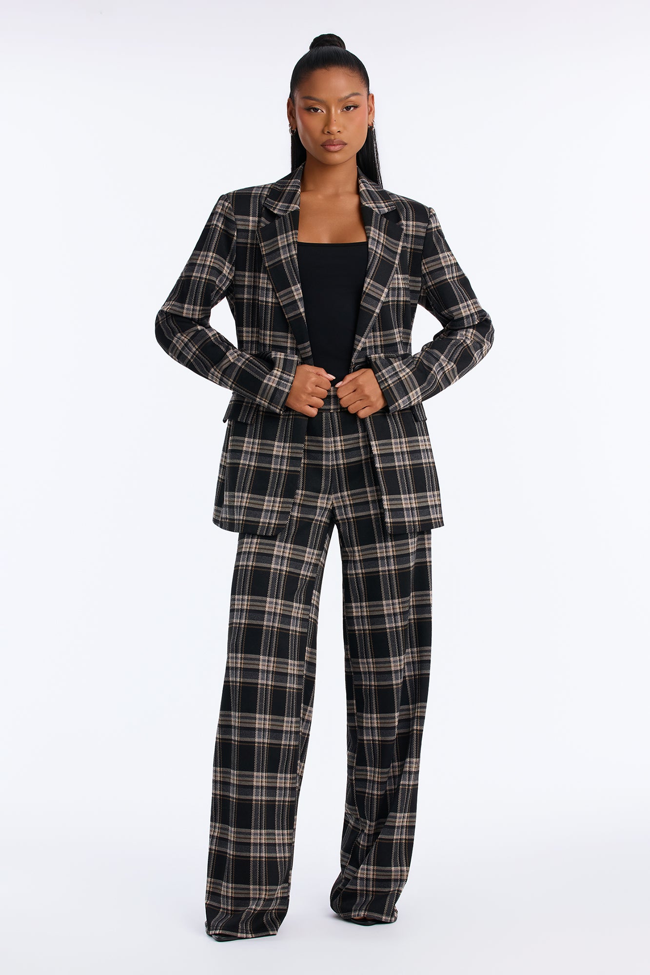 Business Moves Plaid Blazer Pant Set - Black/combo