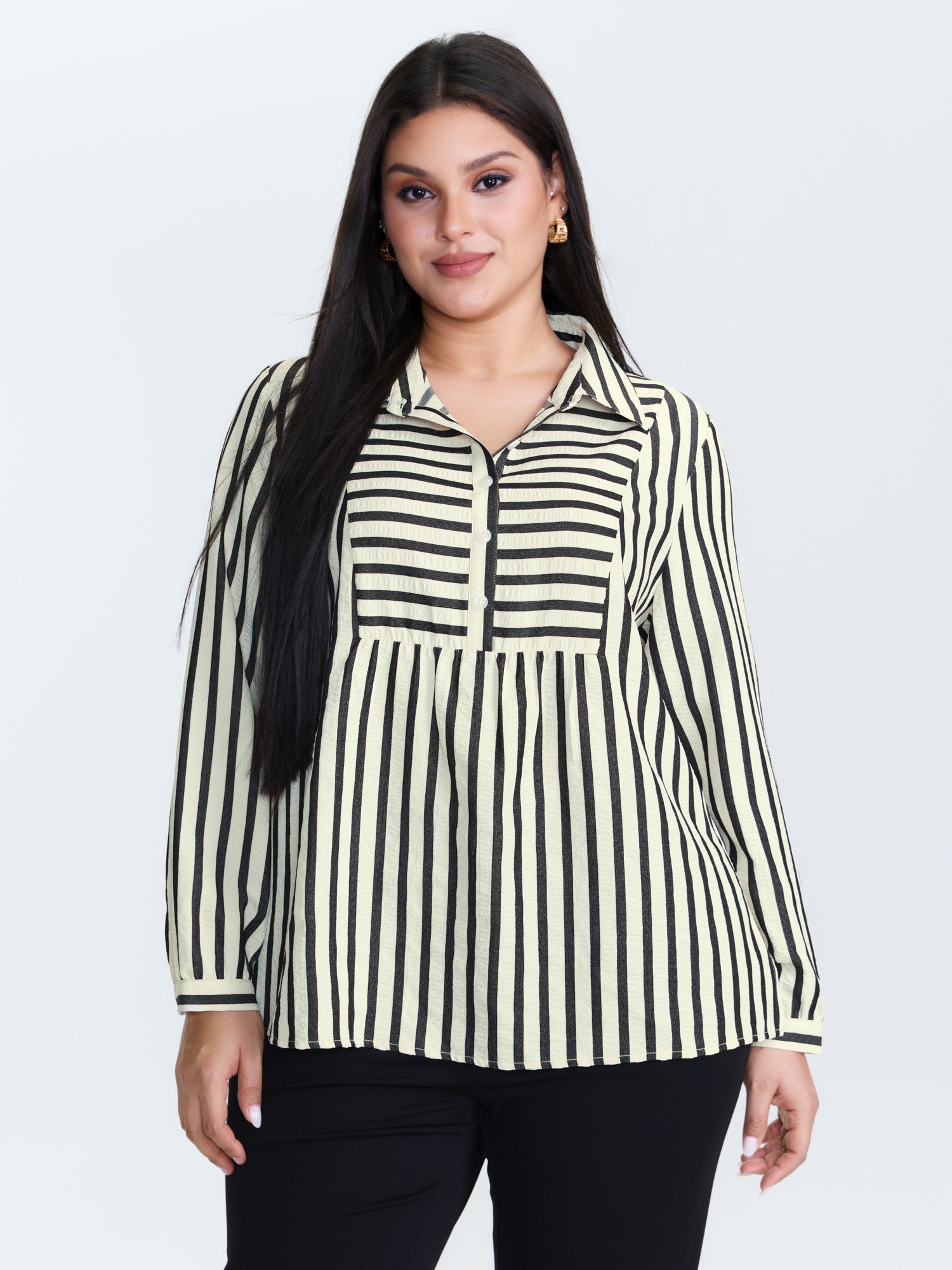 Striped Collar Textured Half-Placket Blouse