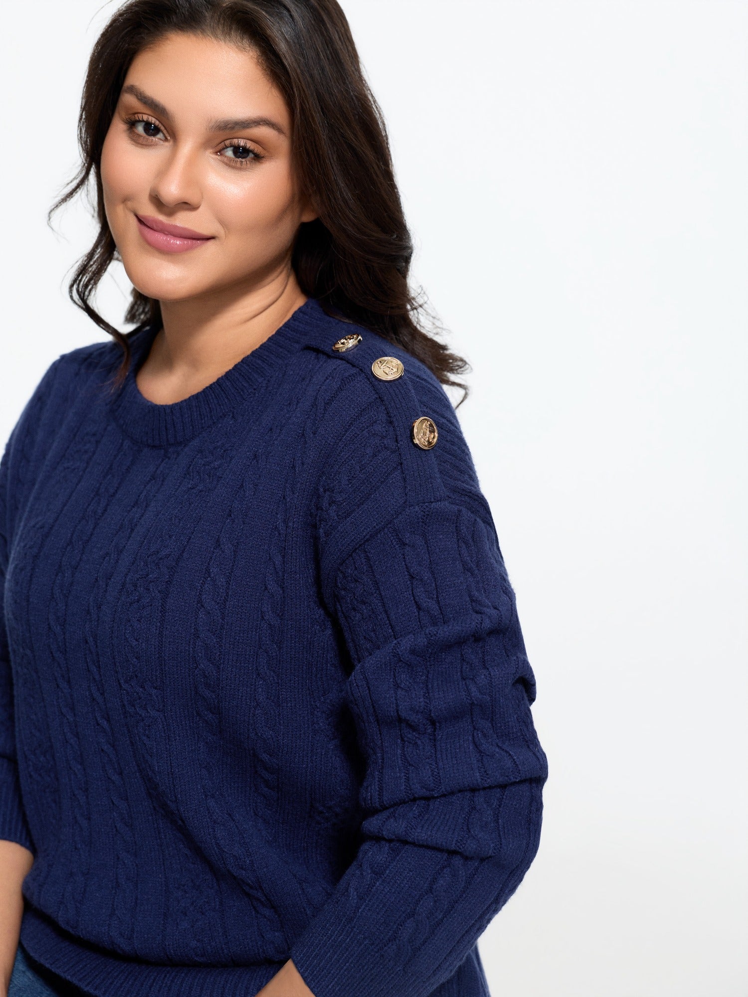 Supersoft Button Detail Shoulder Cable Knit Pullover