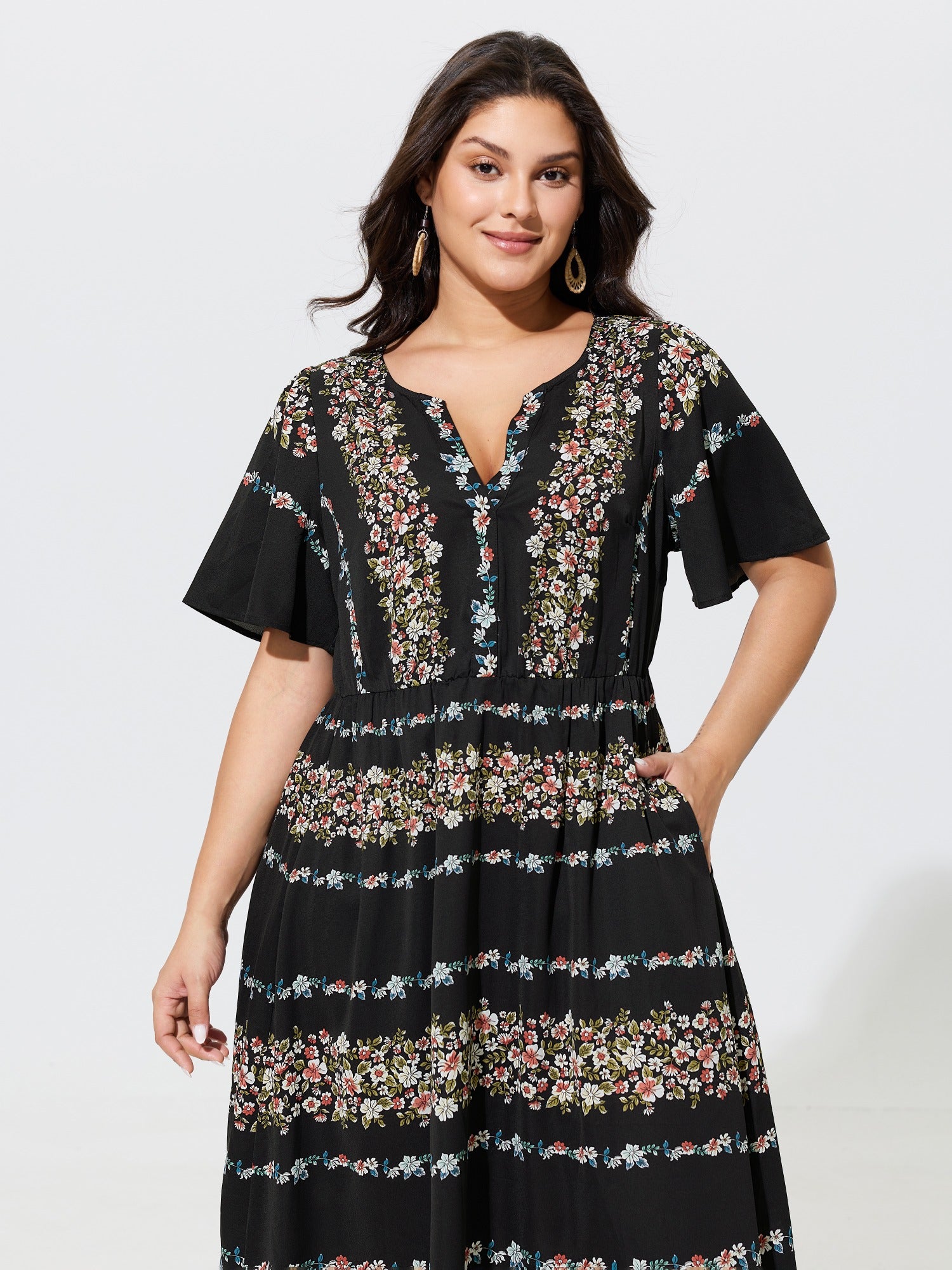 Floral Print Tiered Elastic Waist Maxi Dress