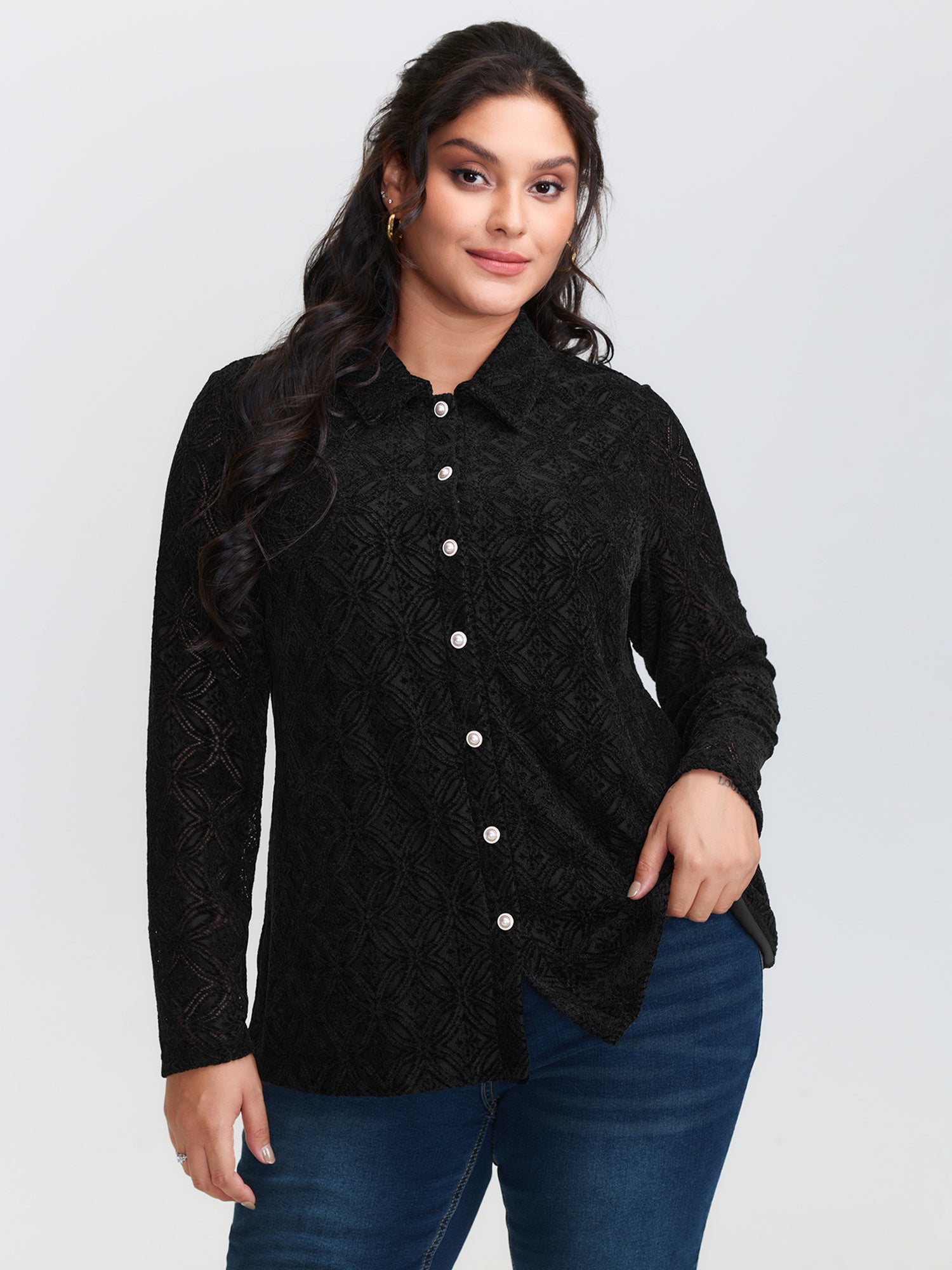 Sheer Lace Button-Down Shirt