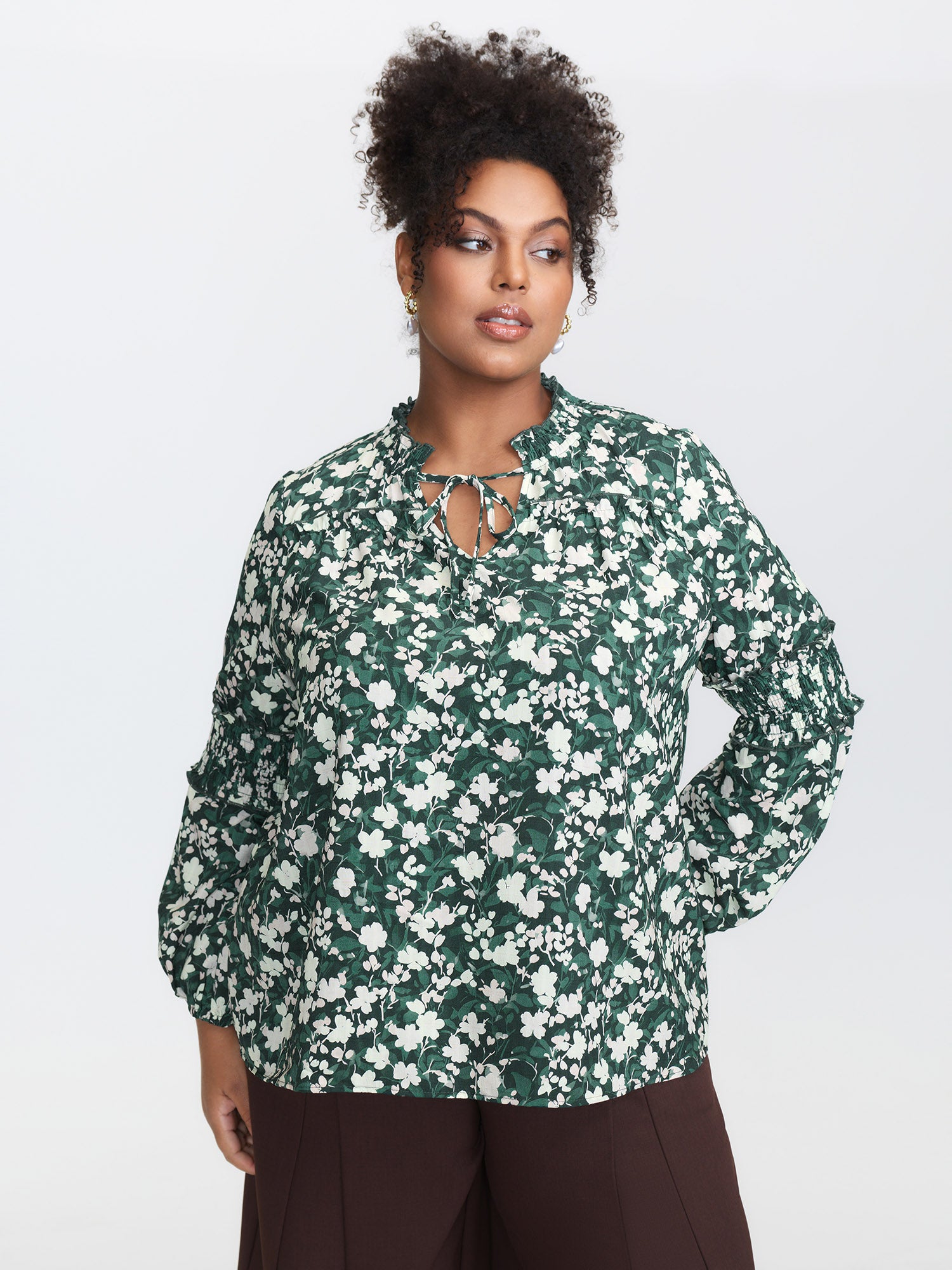 Floral Shirred Sleeve Drawstring Neckline Blouse