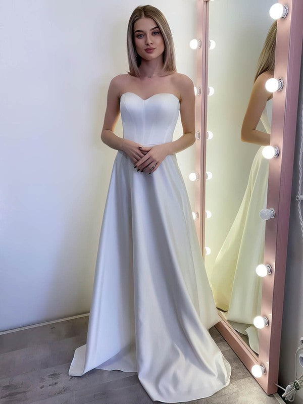 Elegant Strapless A-Line Sweetheart Satin Sweep Train Wedding Dresses