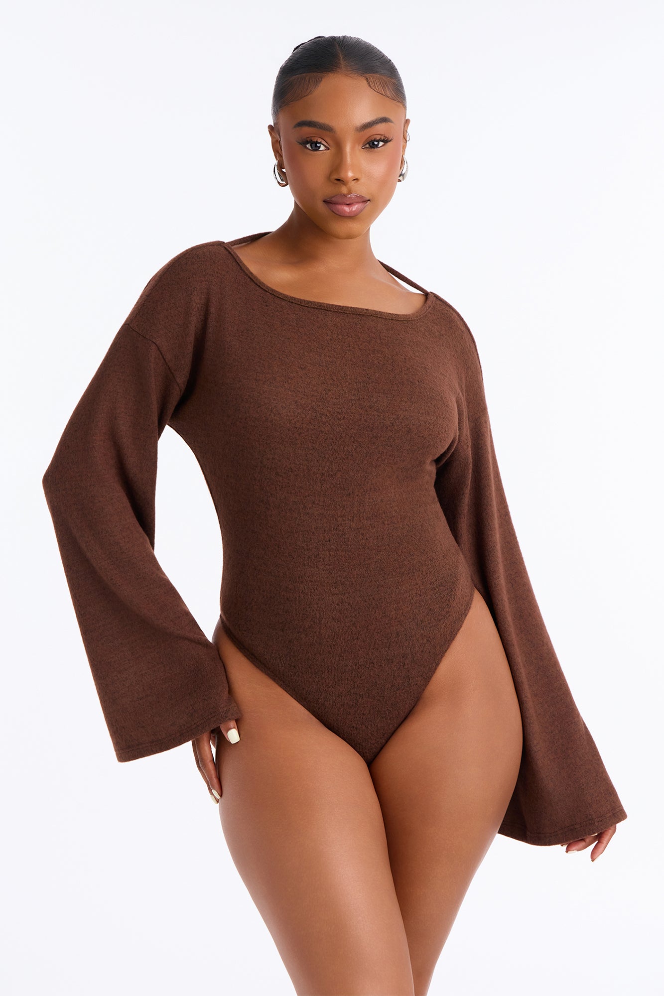 Autumn Allure Back Cowl Long Sleeve Bodysuit - Chocolate