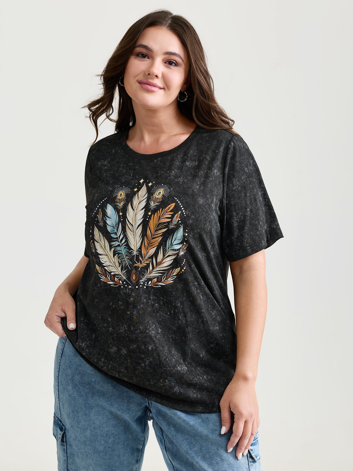 Supersoft Stretchy Feather Print Snowflake Effect T-Shirt