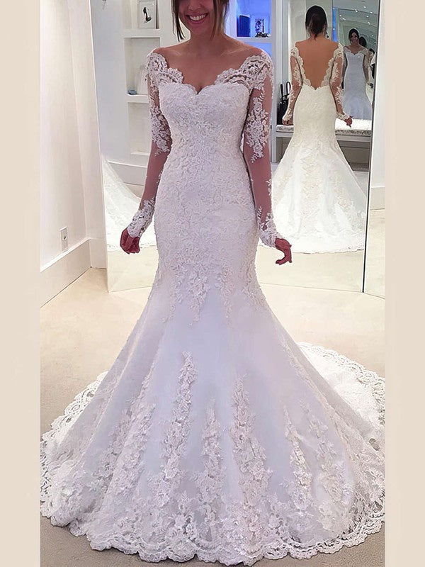 Gorgeous Mermaid Off-The-Shoulder Long Sleeves Lace Sweep Train Wedding Dresses