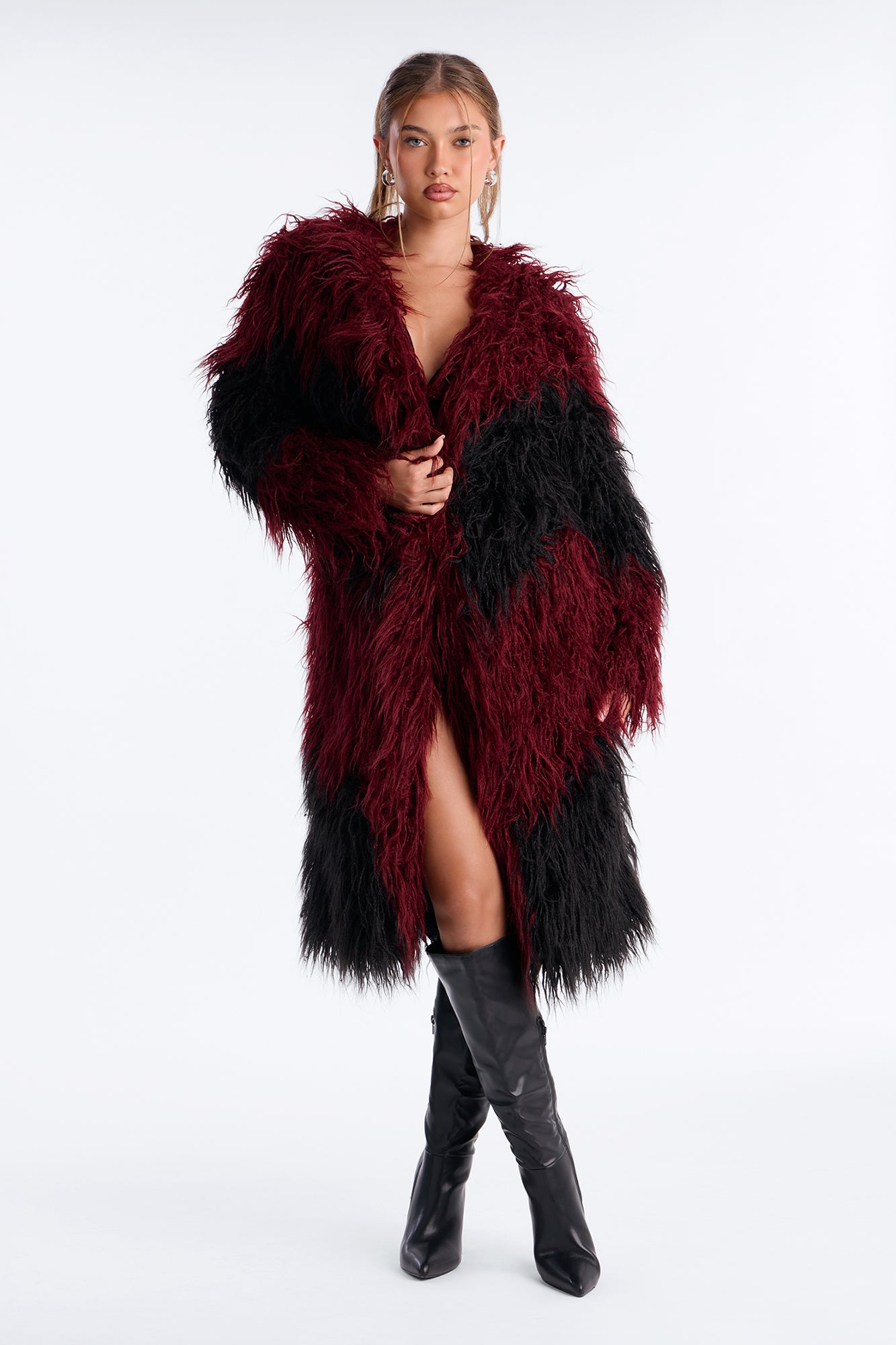 Divine Faux Fur Coat - Burgundy/combo