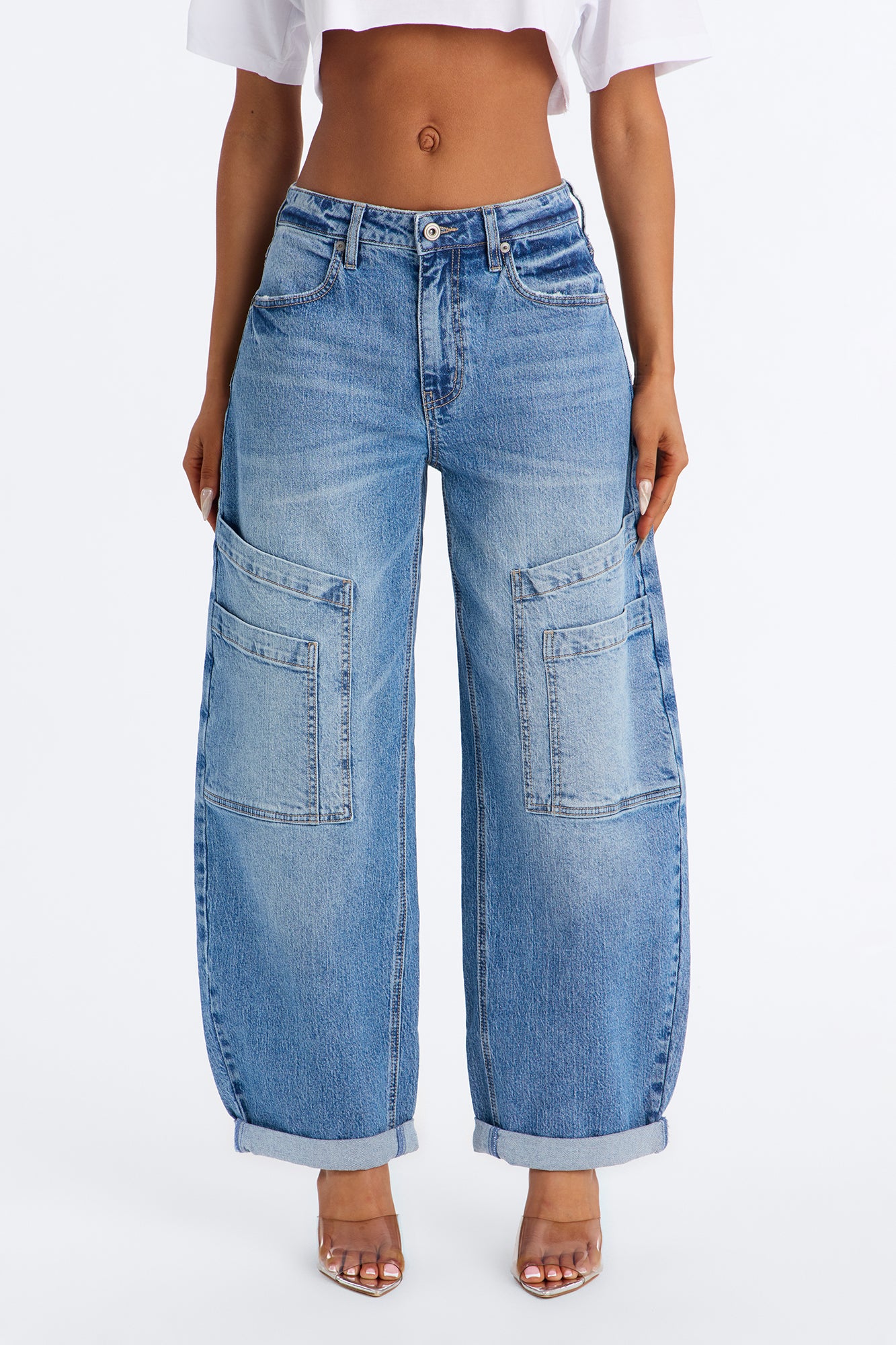 Easy To Please Baggy Cargo Jeans - Medium Wash