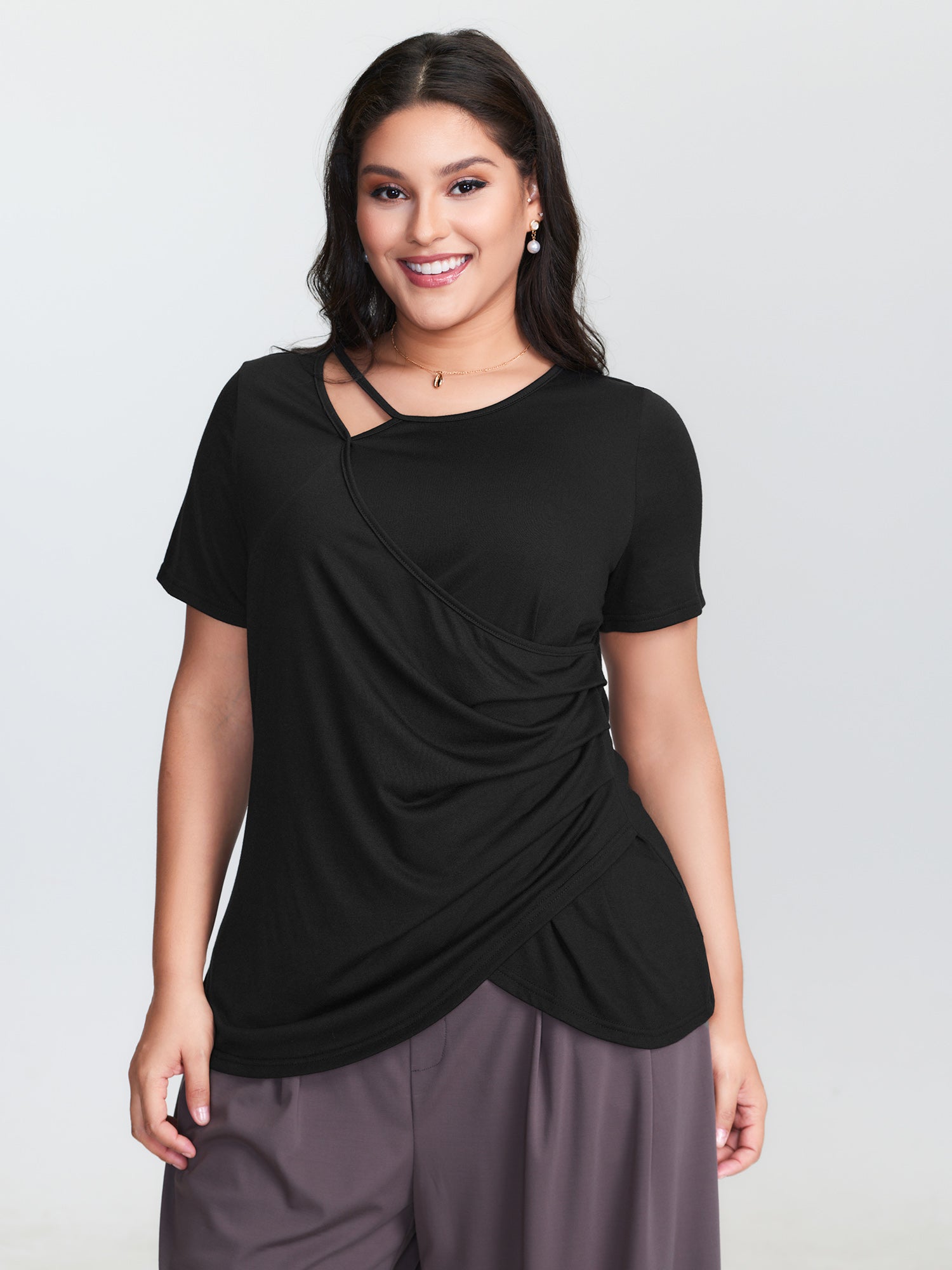 Stretchy Asymmetrical Neckline Slit Knit Top