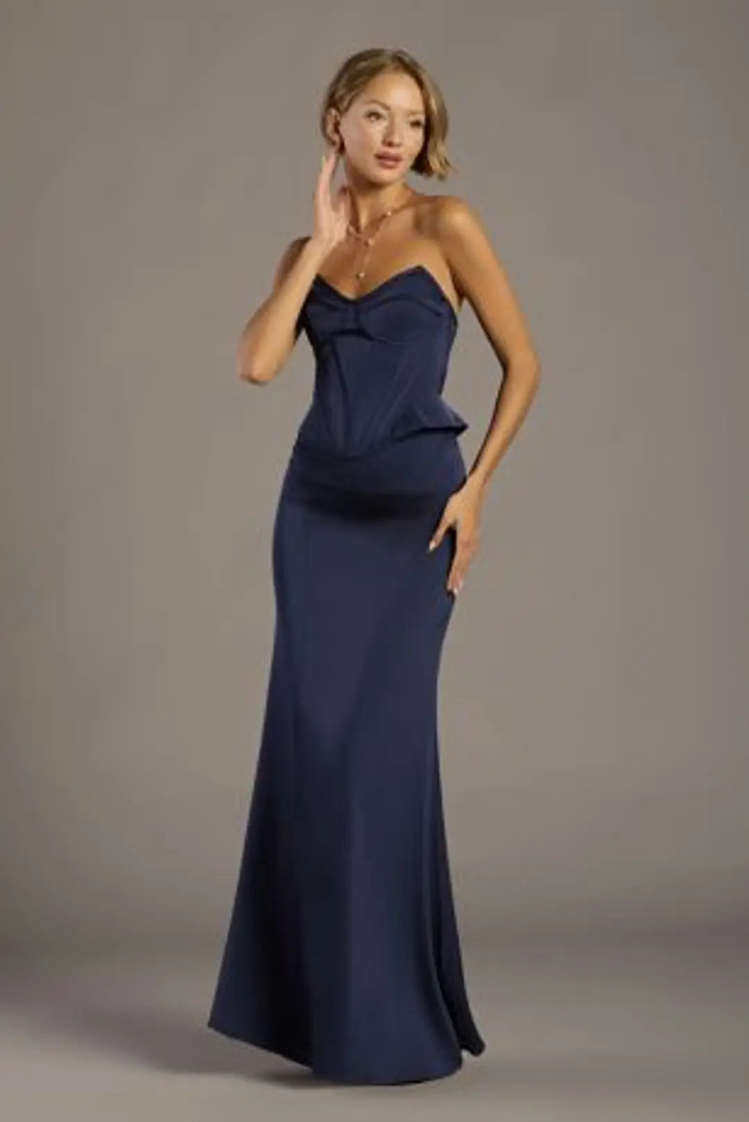 Matte Satin Sculpted Neckline Peplum Sheath Dress