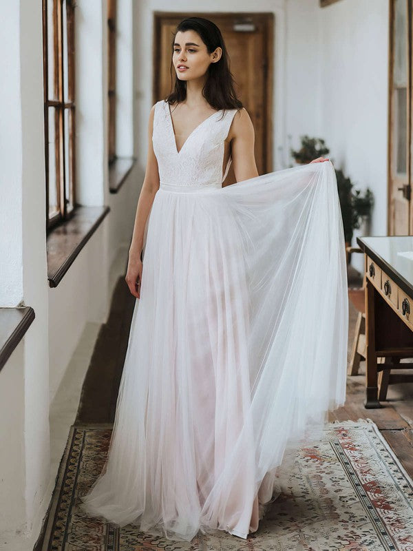 Elegant A-Line V-Neck Sleeveless Tulle Floor-Length Lace Wedding Dresses with Ribbon