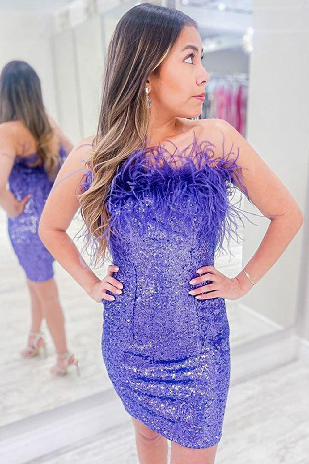 Purple Sparkly Tight Sequins Homecoming Dress/Mini Dress with Feathers