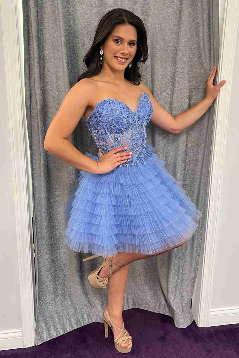 Lilac A Line Sweetheart Tiered Short Homecoming Dress/Mini Dress With Appliques