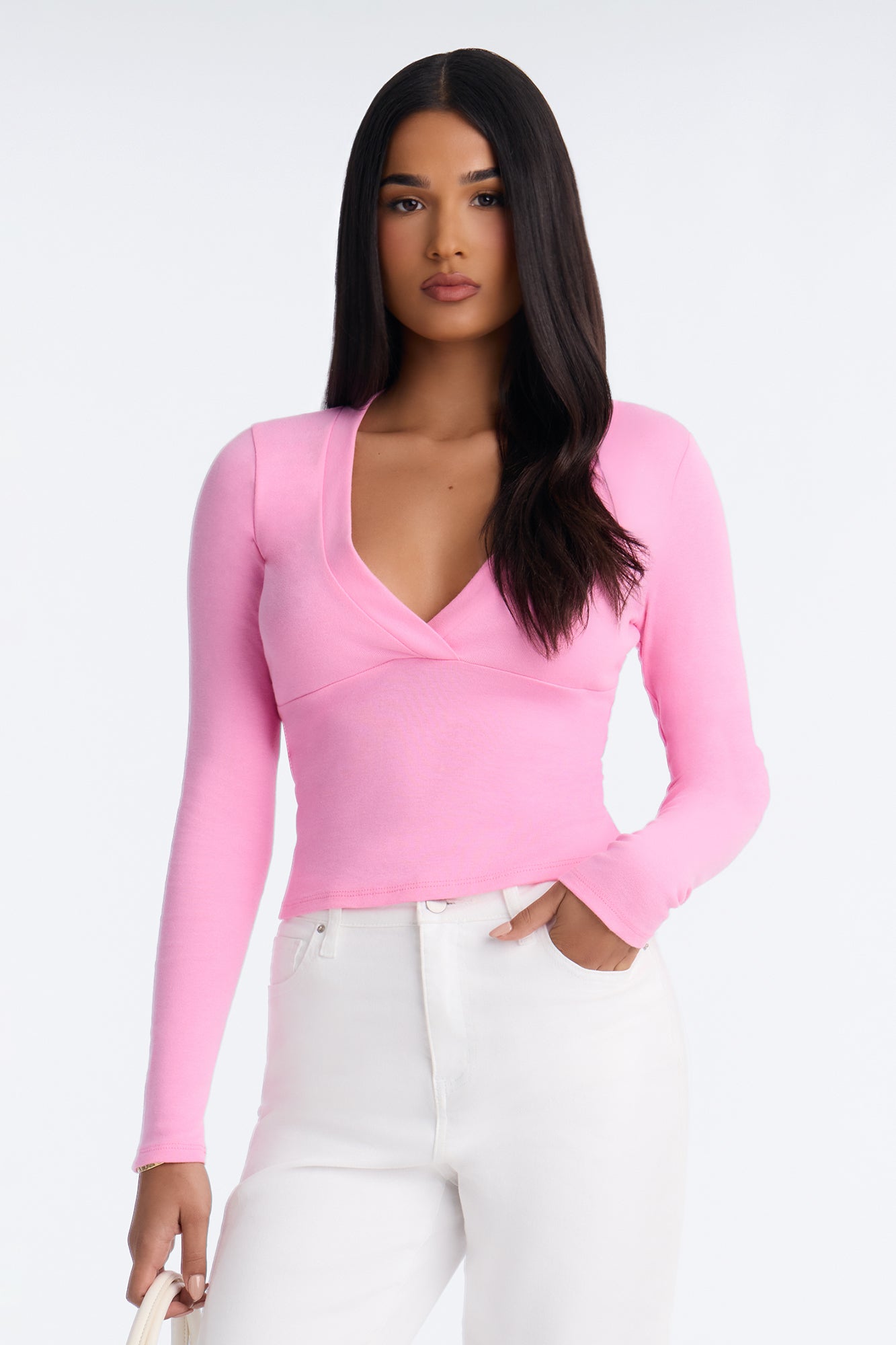 Kate Long Sleeve V-Neck Top - Pink