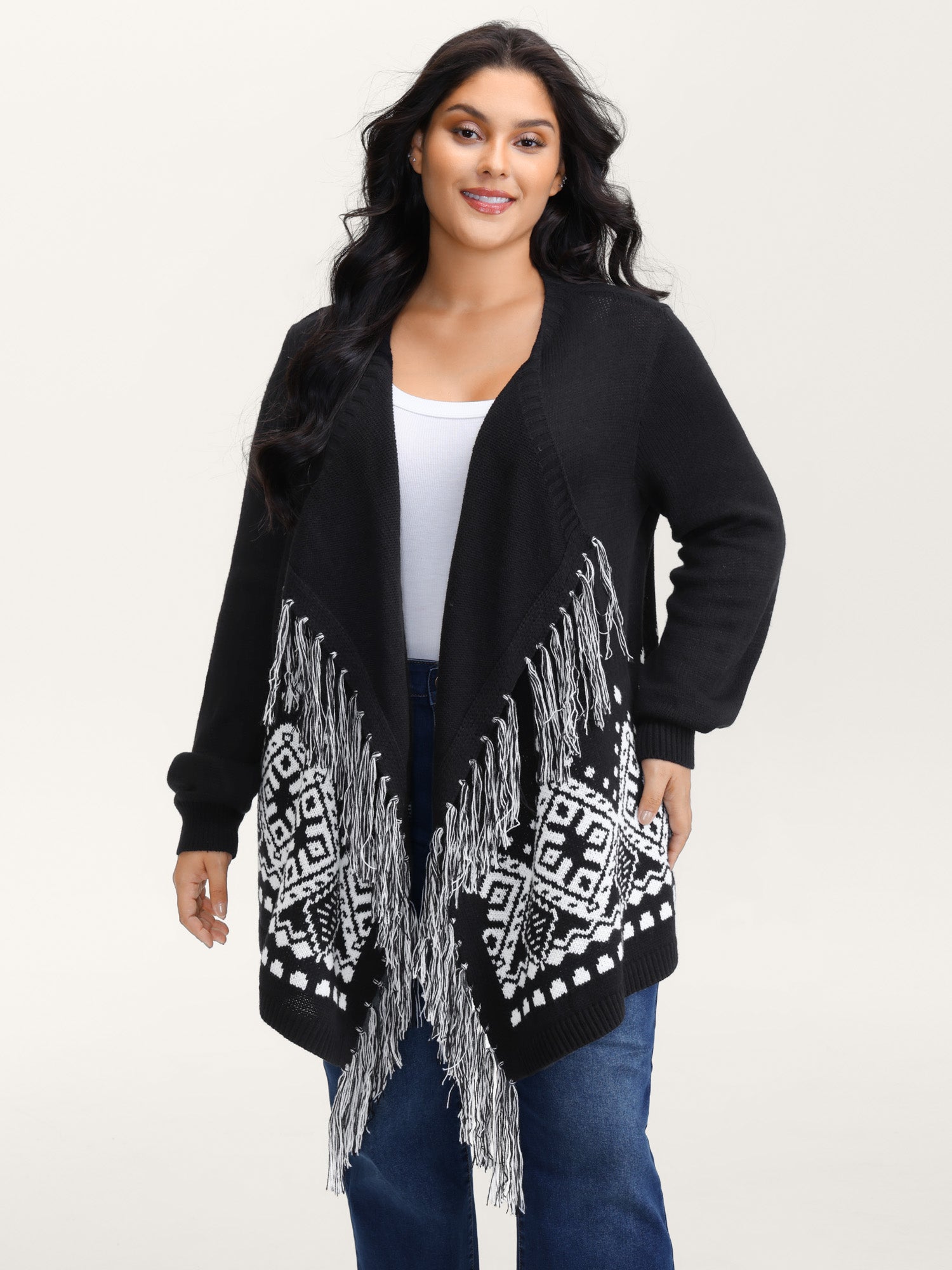 Geometrical Print Tassels Knit Cardigan