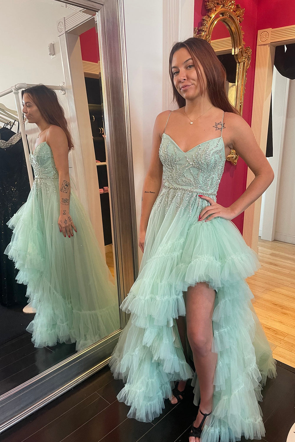 Long A-Line Prom Dress in Sage with Tulle Tiered Skirt Spaghetti Straps and Beading