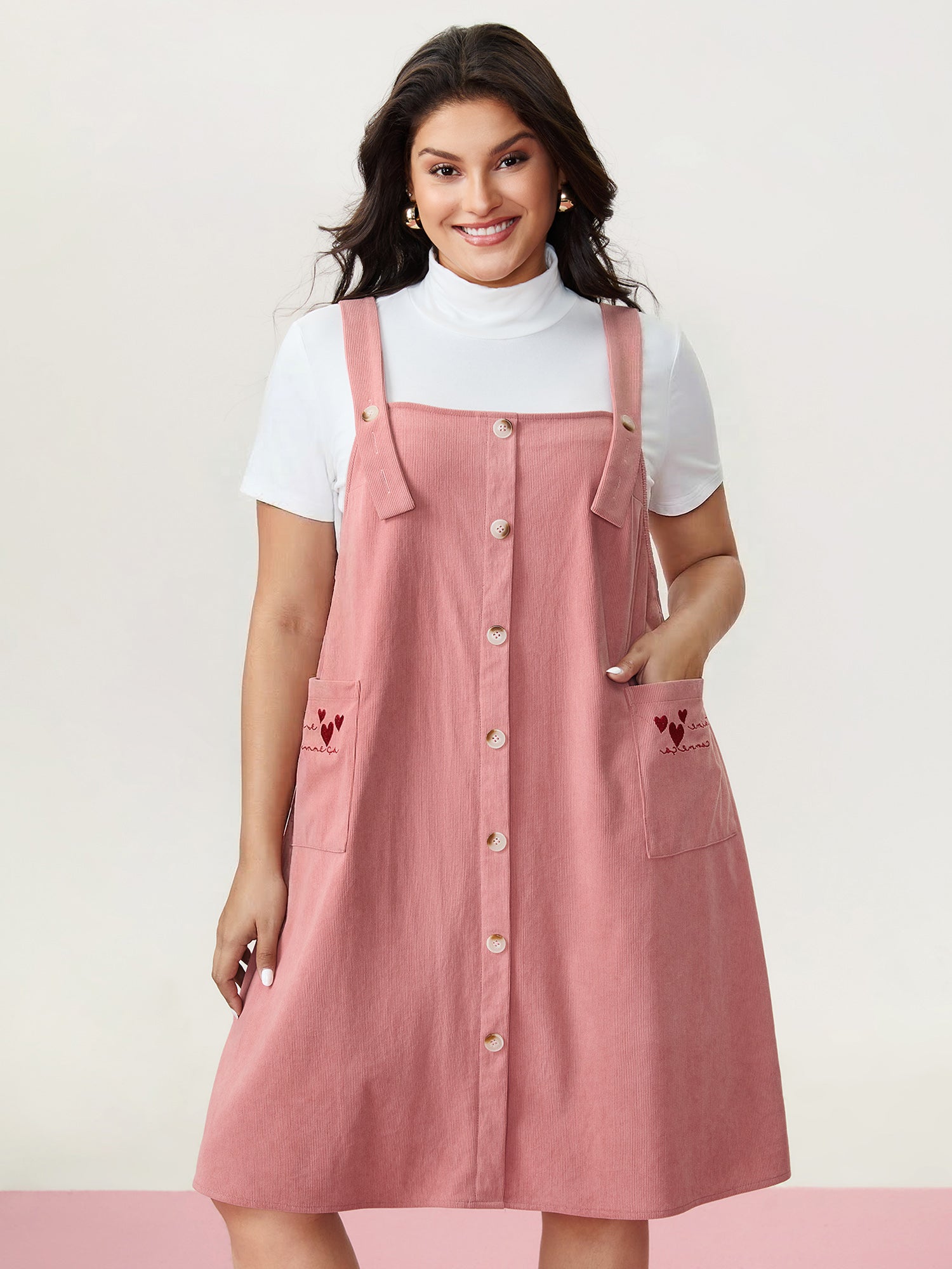 Heart Embroidered Pockets Adjustable Overall Dress