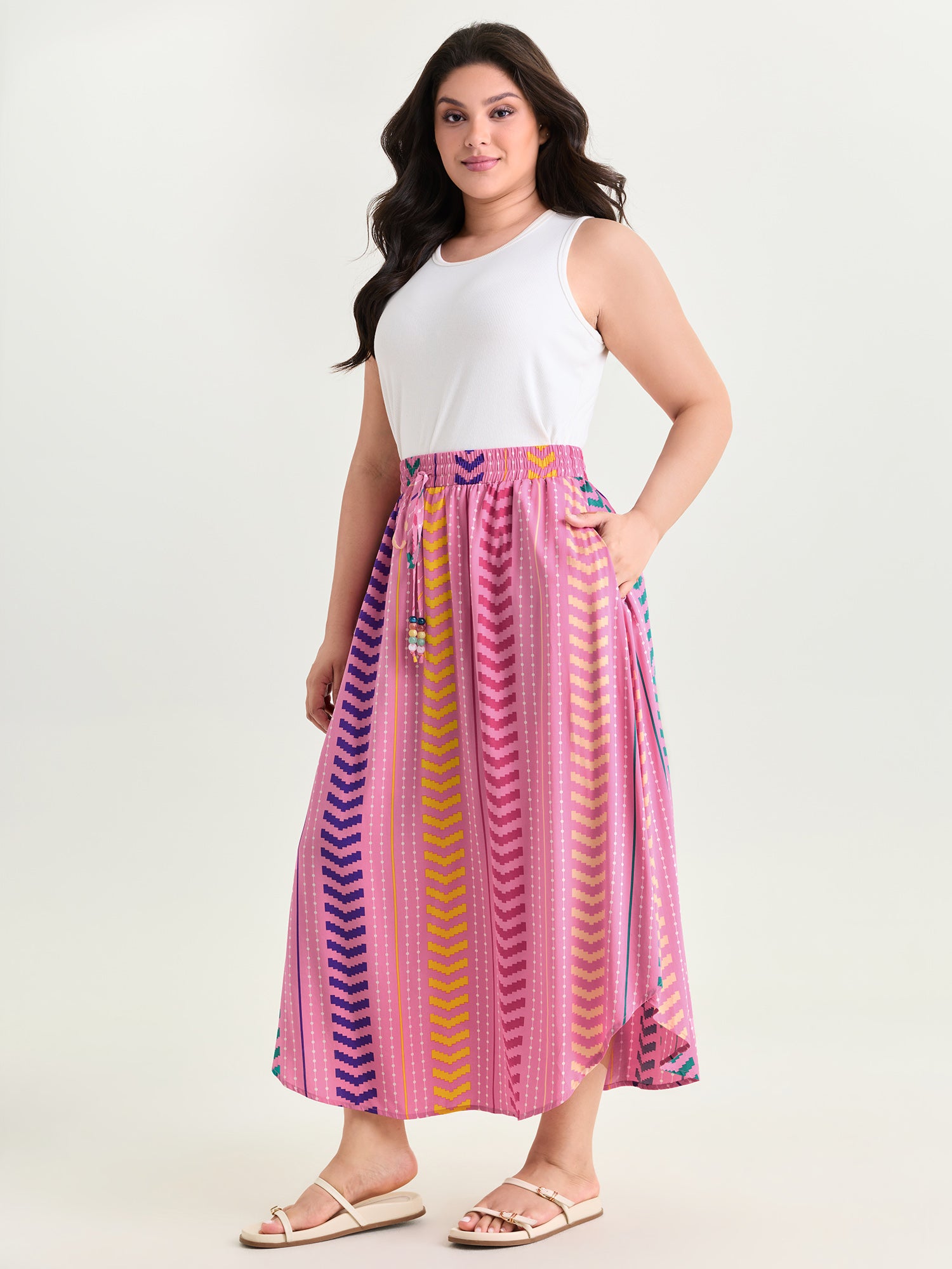Geometric Striped Print Drawstring Maxi Skirt