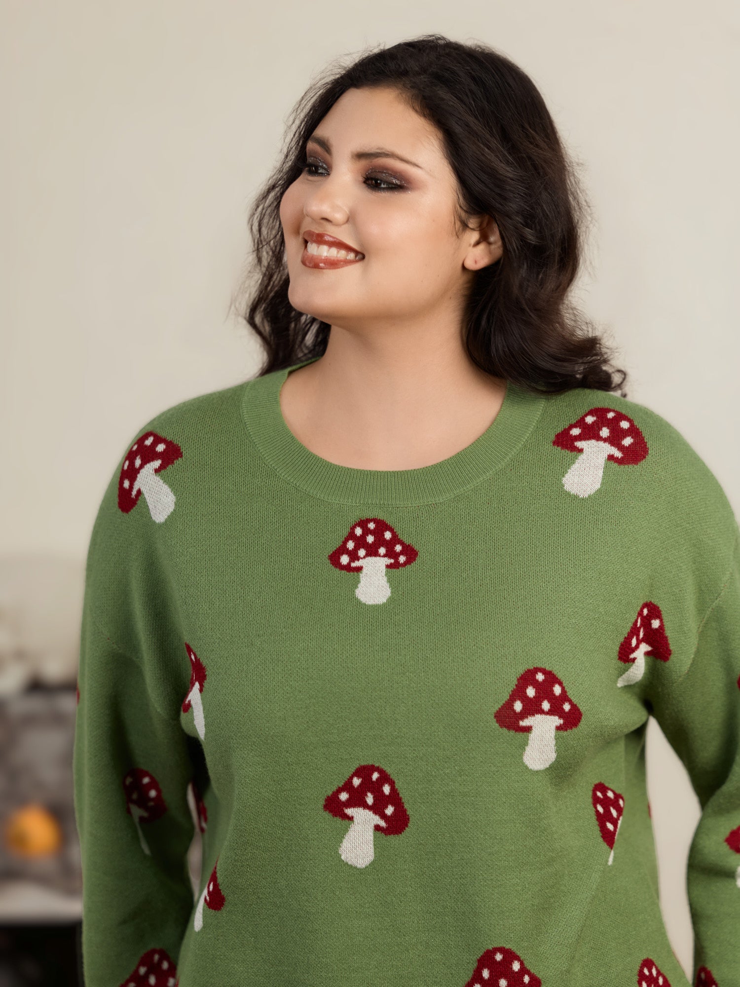Supersoft Crew Neck Mushroom Pattern Pullover