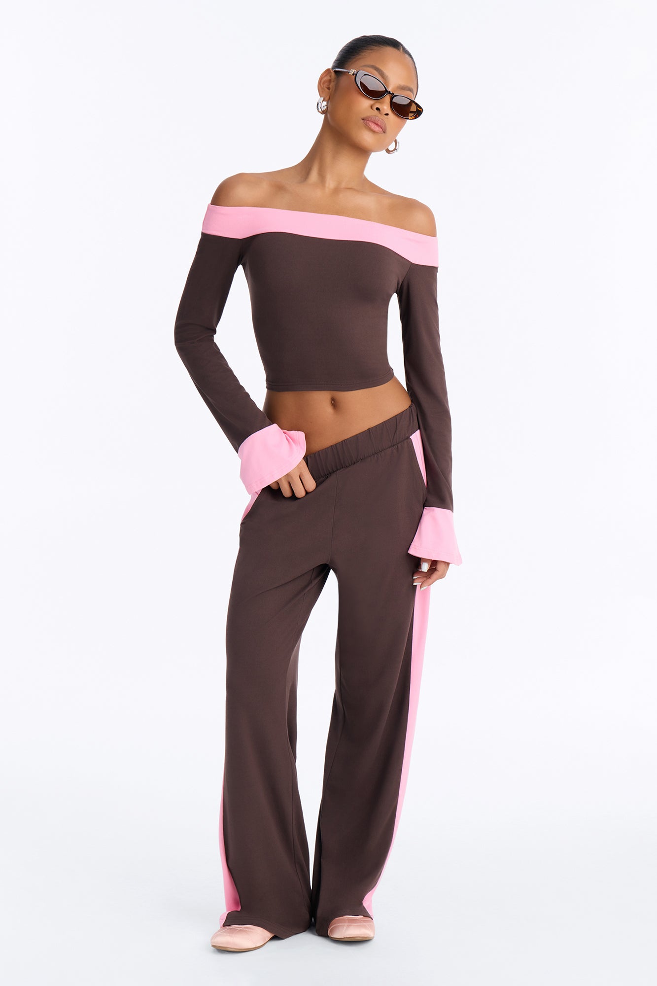 Lacey Off Shoulder Pant Set - Chocolate/Combo