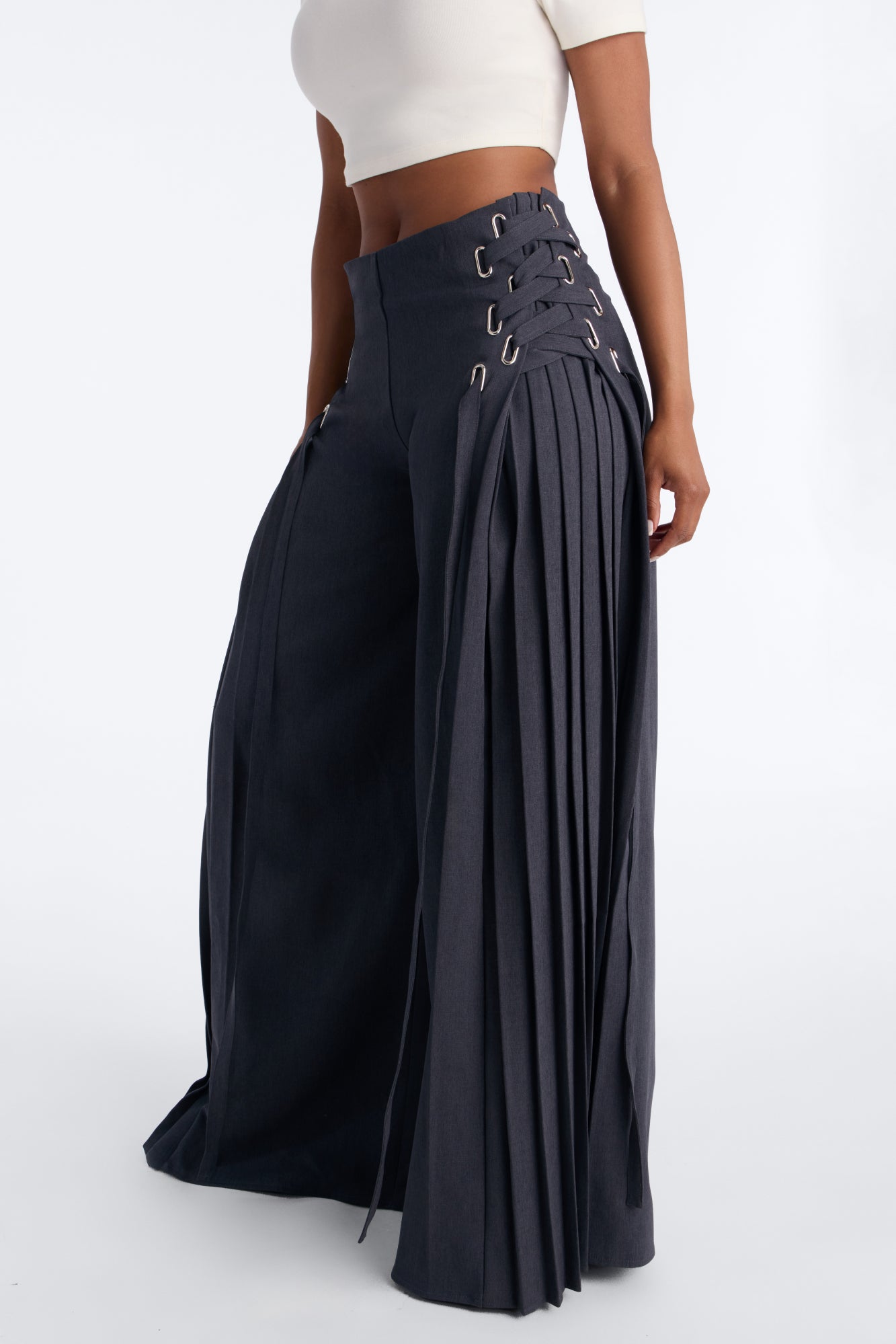 Tate High Rise Lace Up Pleated Wide Leg Trouser - Charcoal