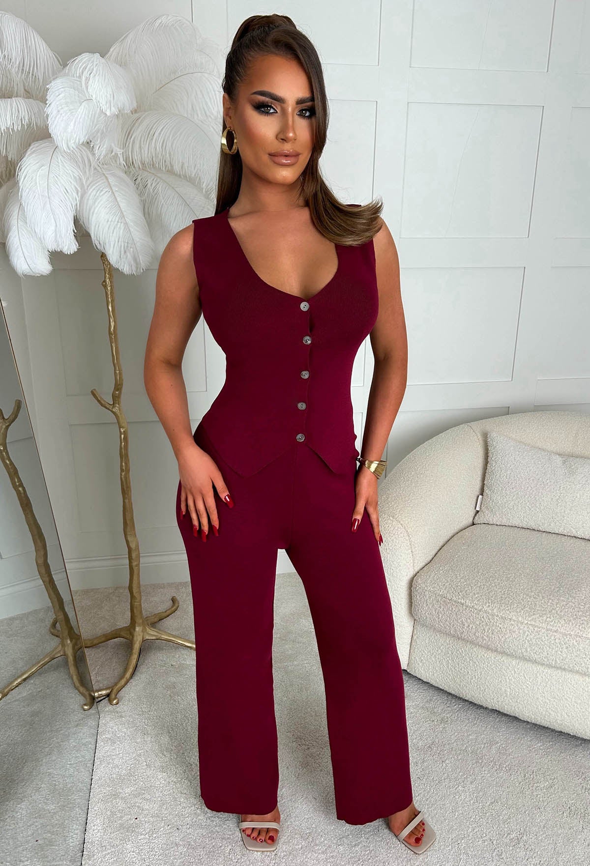 Stay Trending Wine Knitted Waistcoat And Trouser Co-Ord Set