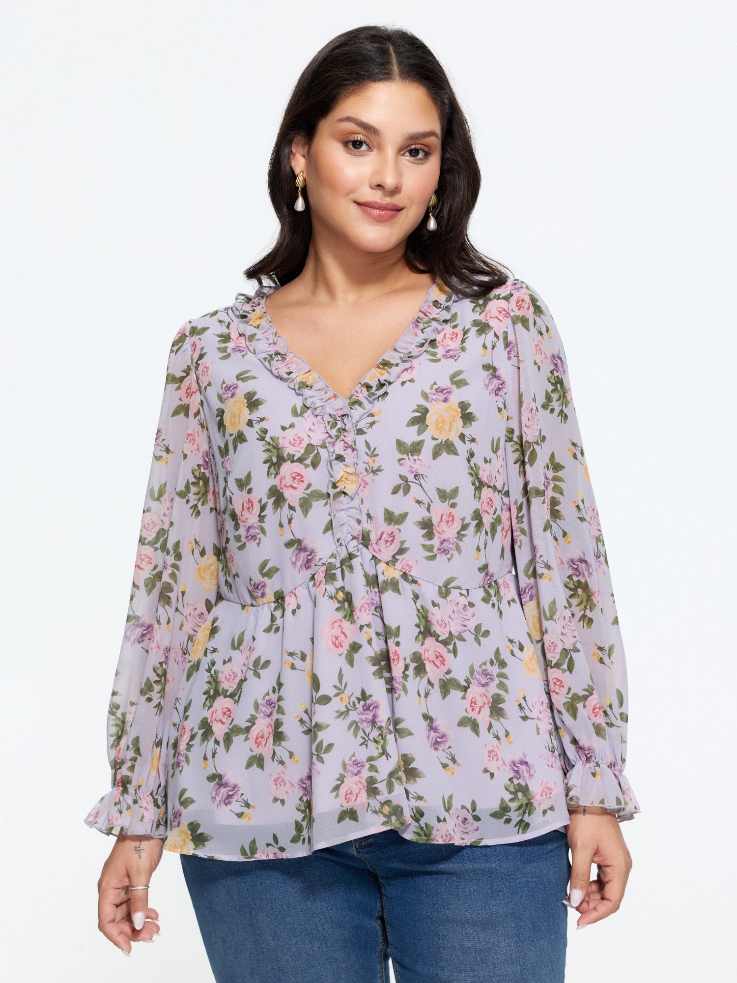 Floral V‑Neck Ruffle Trim Chiffon Blouse
