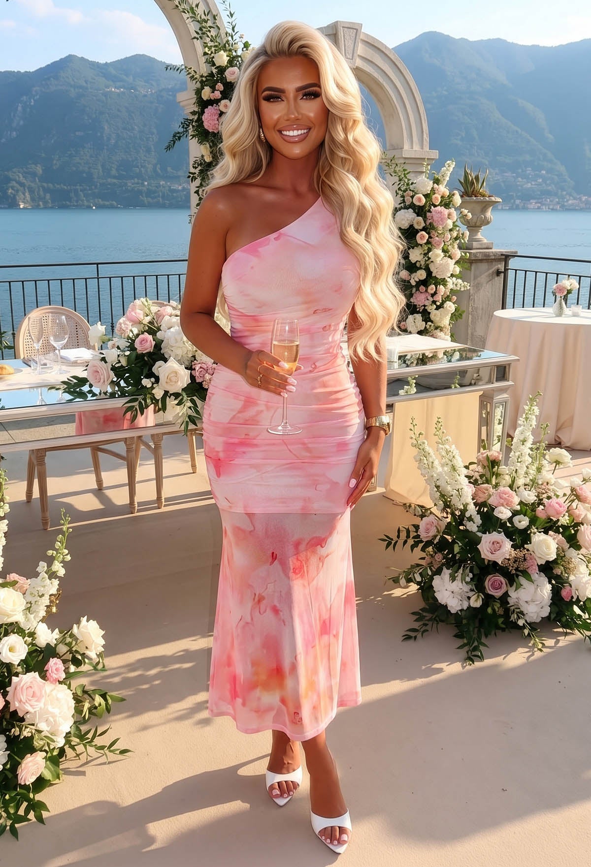 Wildfire Pink One Shoulder Print Mesh Dress