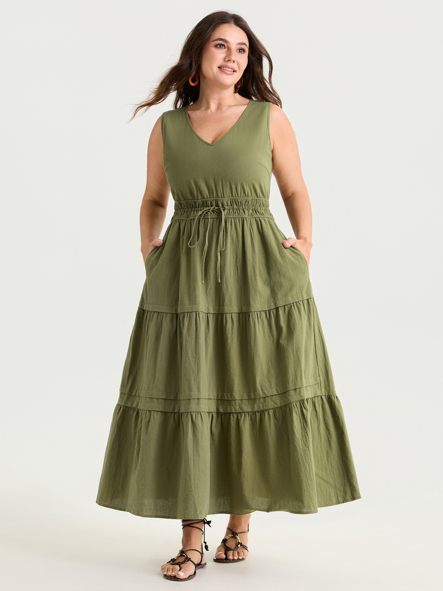 Cotton Drawstring Waist Tiered Maxi Dress
