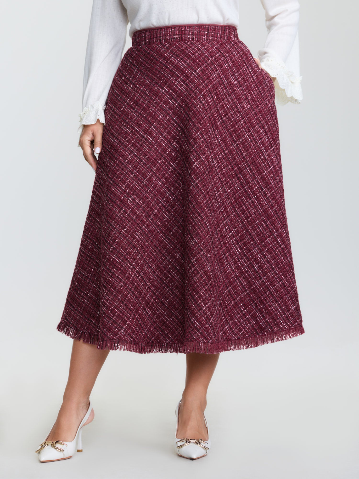 Tweed Fringe Hem Flowy Maxi Skirt