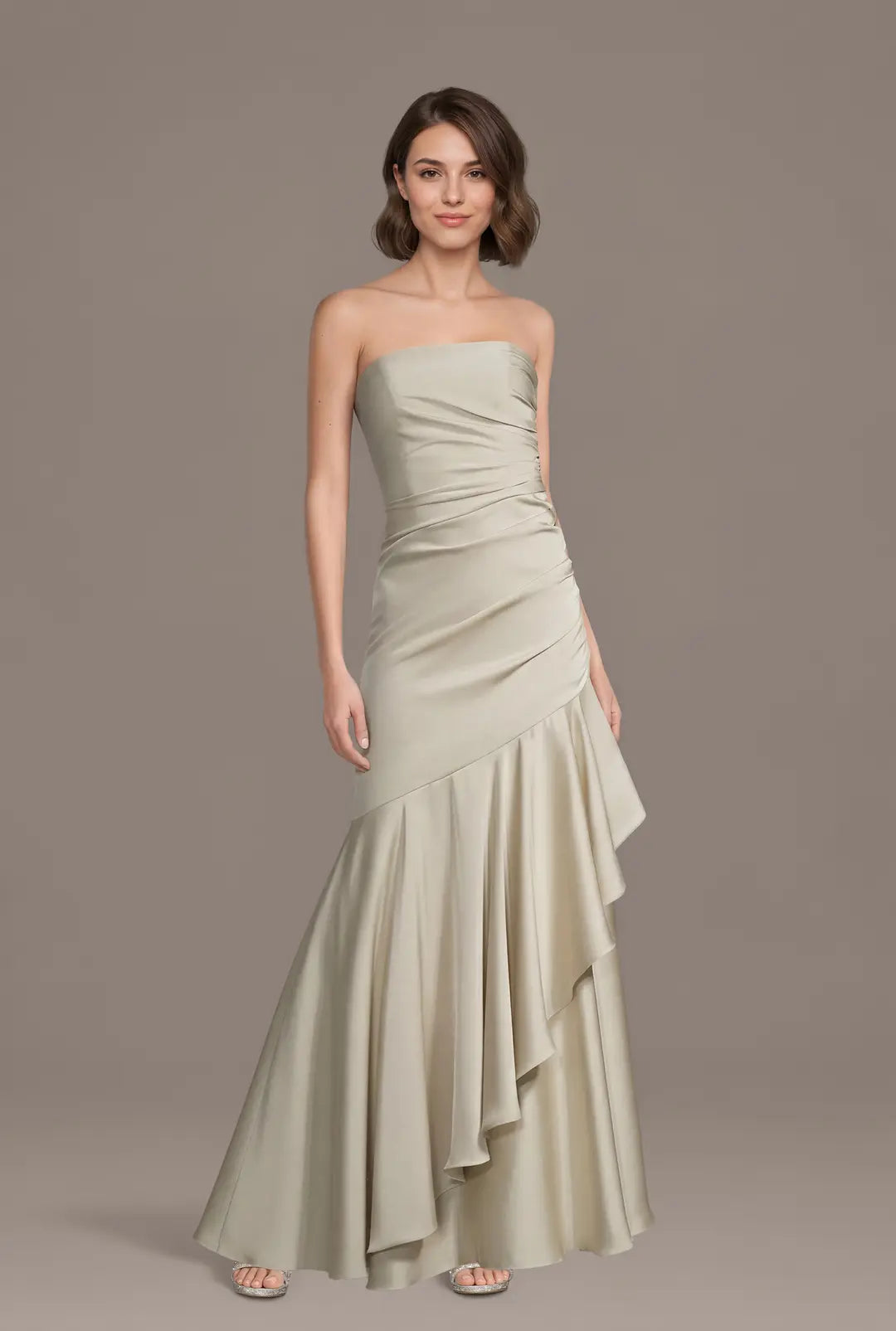 Matte Satin Strapless Asymmetrical Mermaid Dress
