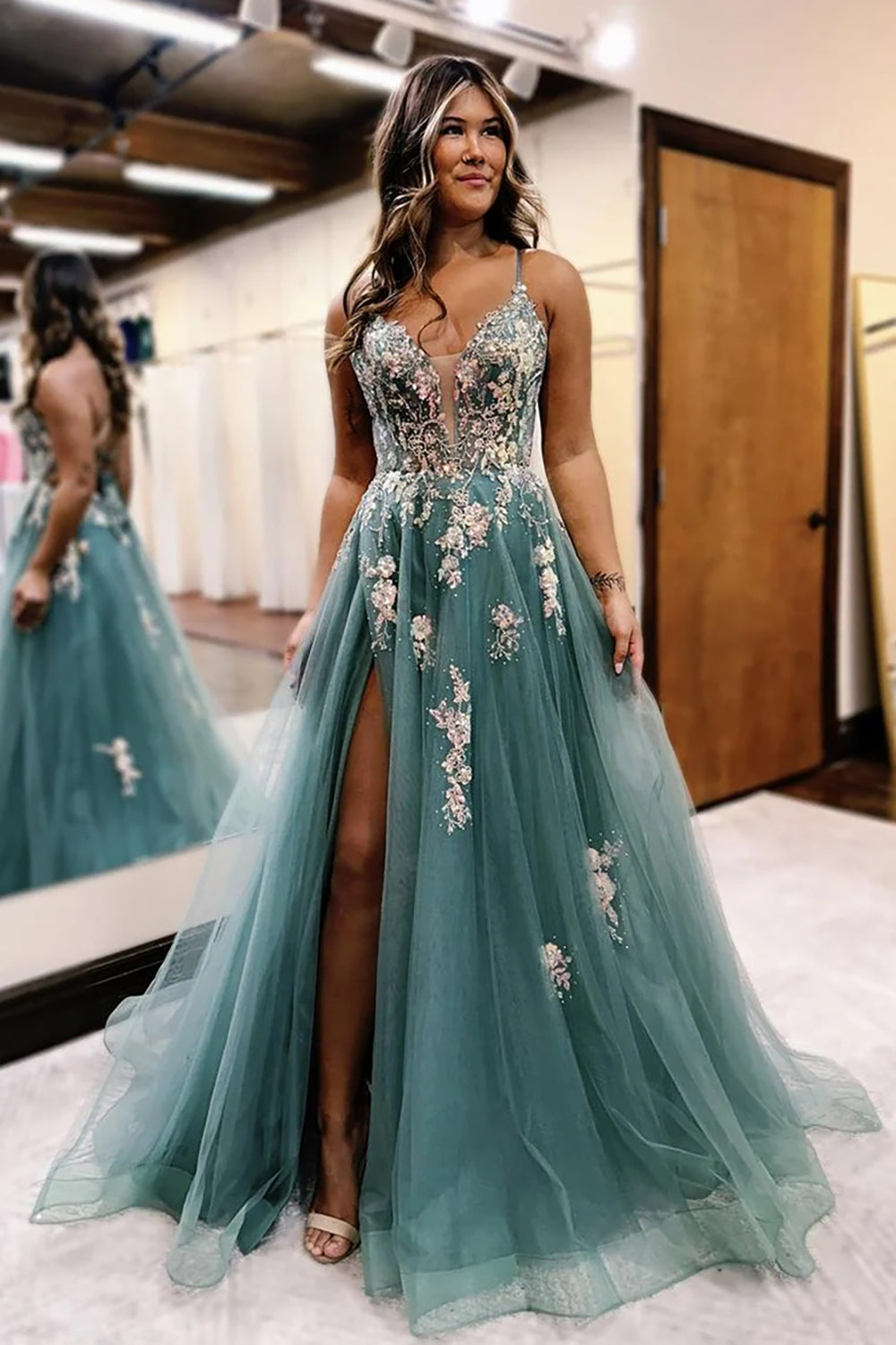 Long A-Line Prom Dress in Sparkly Sage Tulle with Spaghetti Straps and Applique