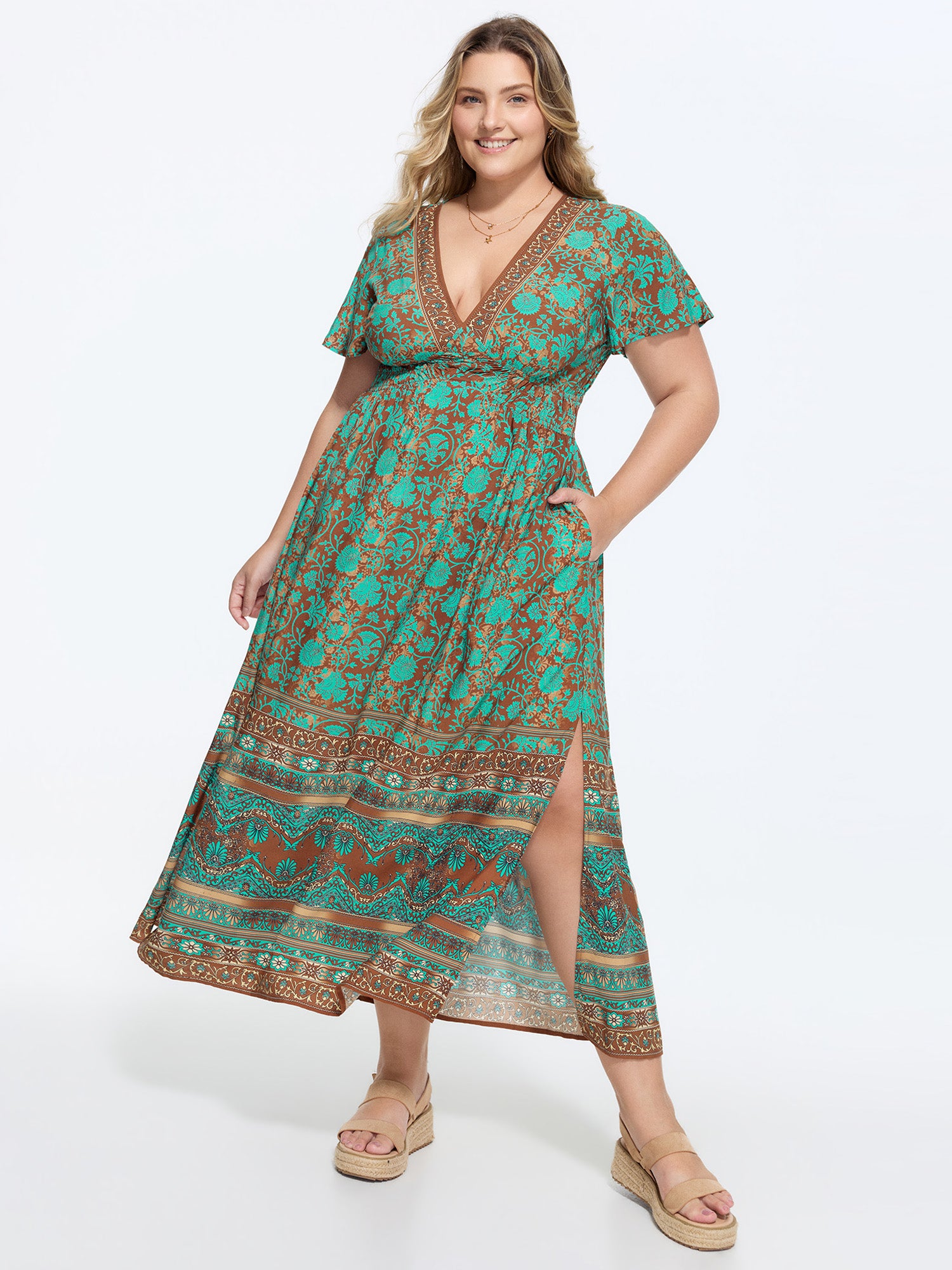 Floral Print Stretchy Cinched-Waist Maxi Dress