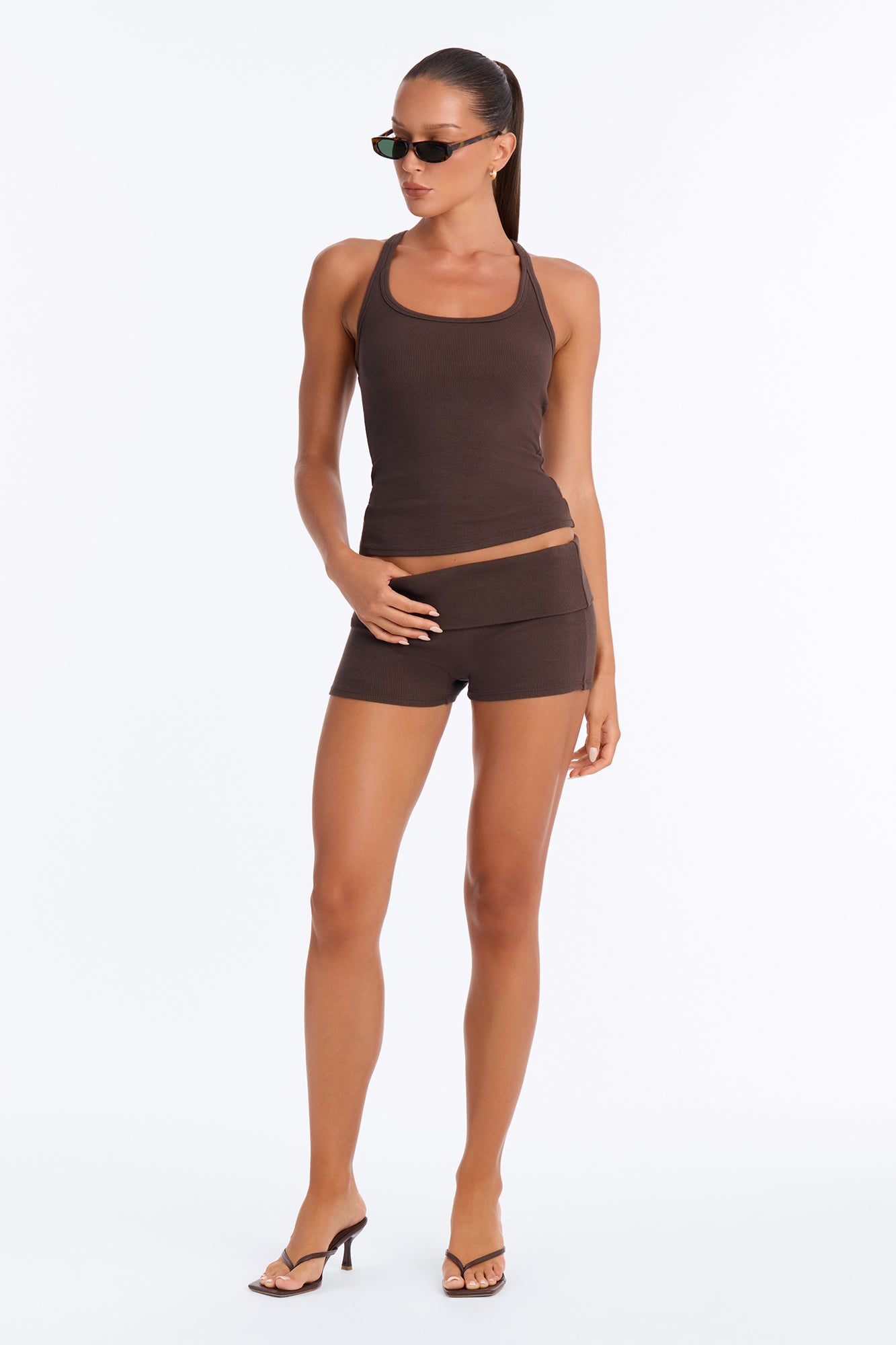 Cotton Rib Everyday Effortless Foldover Shorts - Chocolate