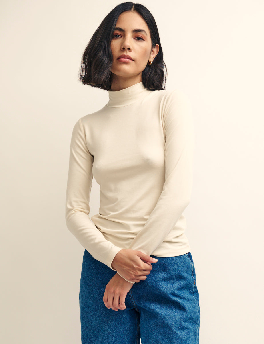 Cream Funnel Neck Long Sleeve Top