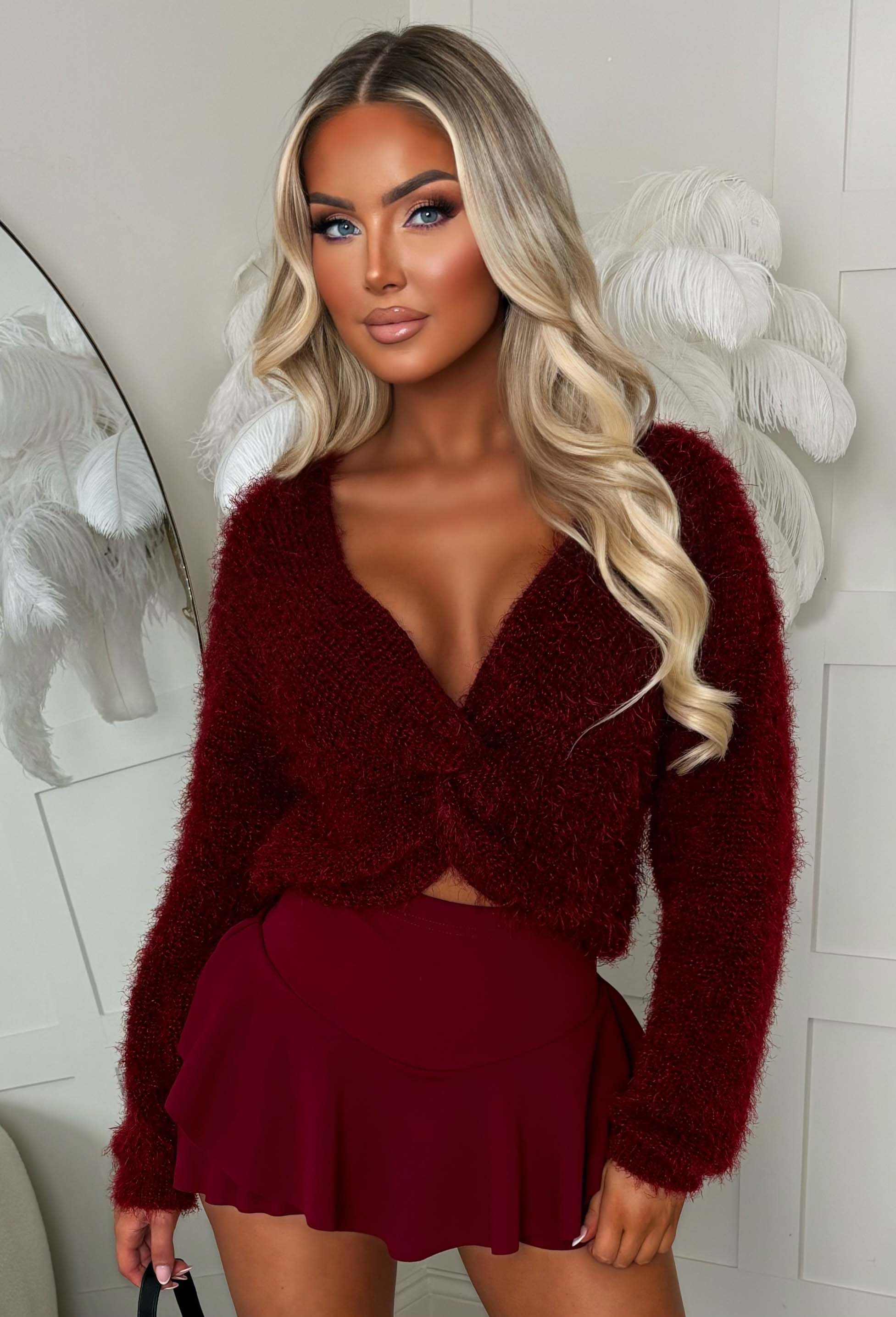 Rose Envy Burgundy Fluffy Knot Detail Knitted Jumper