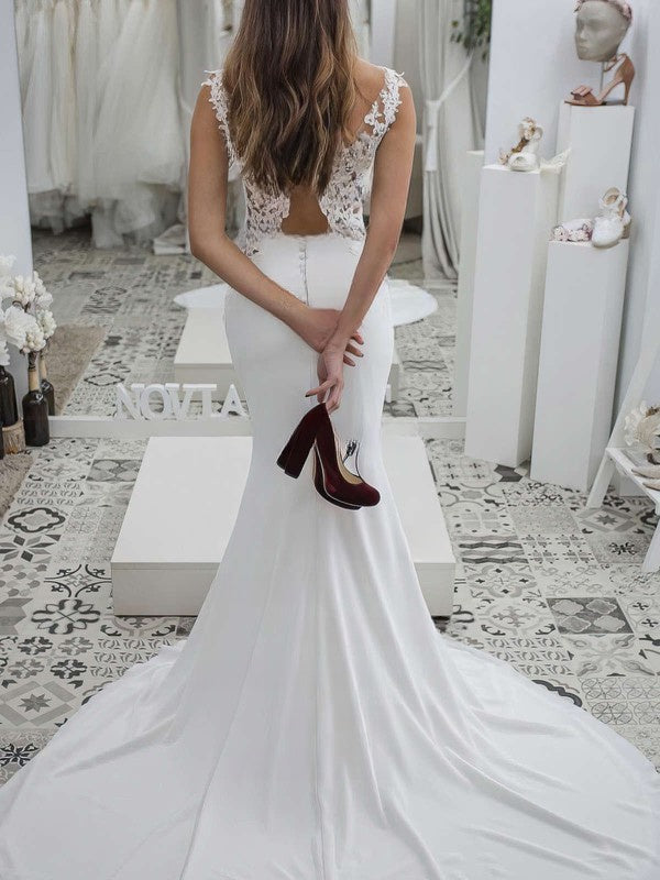 Stunning Mermaid Sleeveless Stretch Satin Lace Wedding Dresses