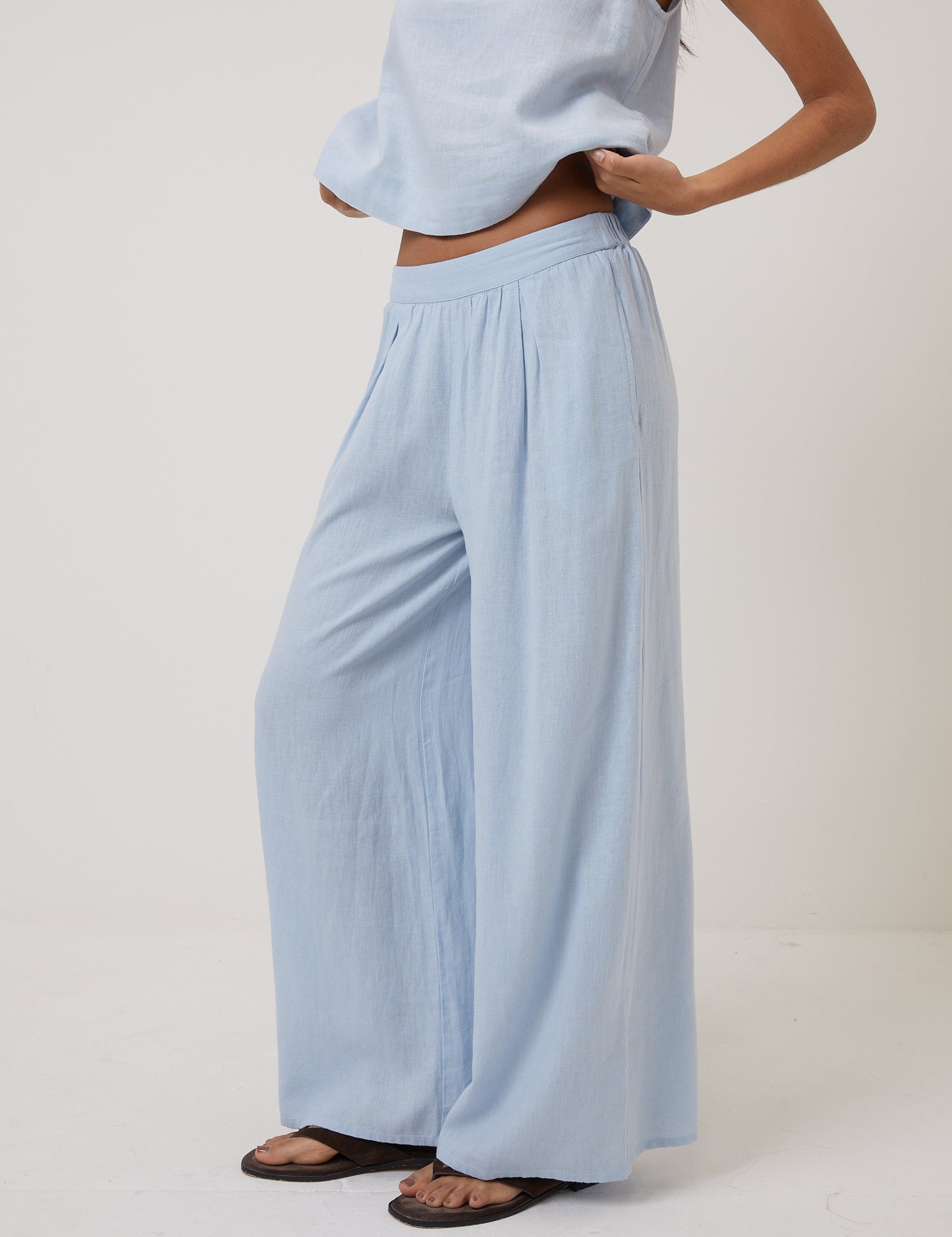 Light Blue Linen-Rich Wide Leg Trousers