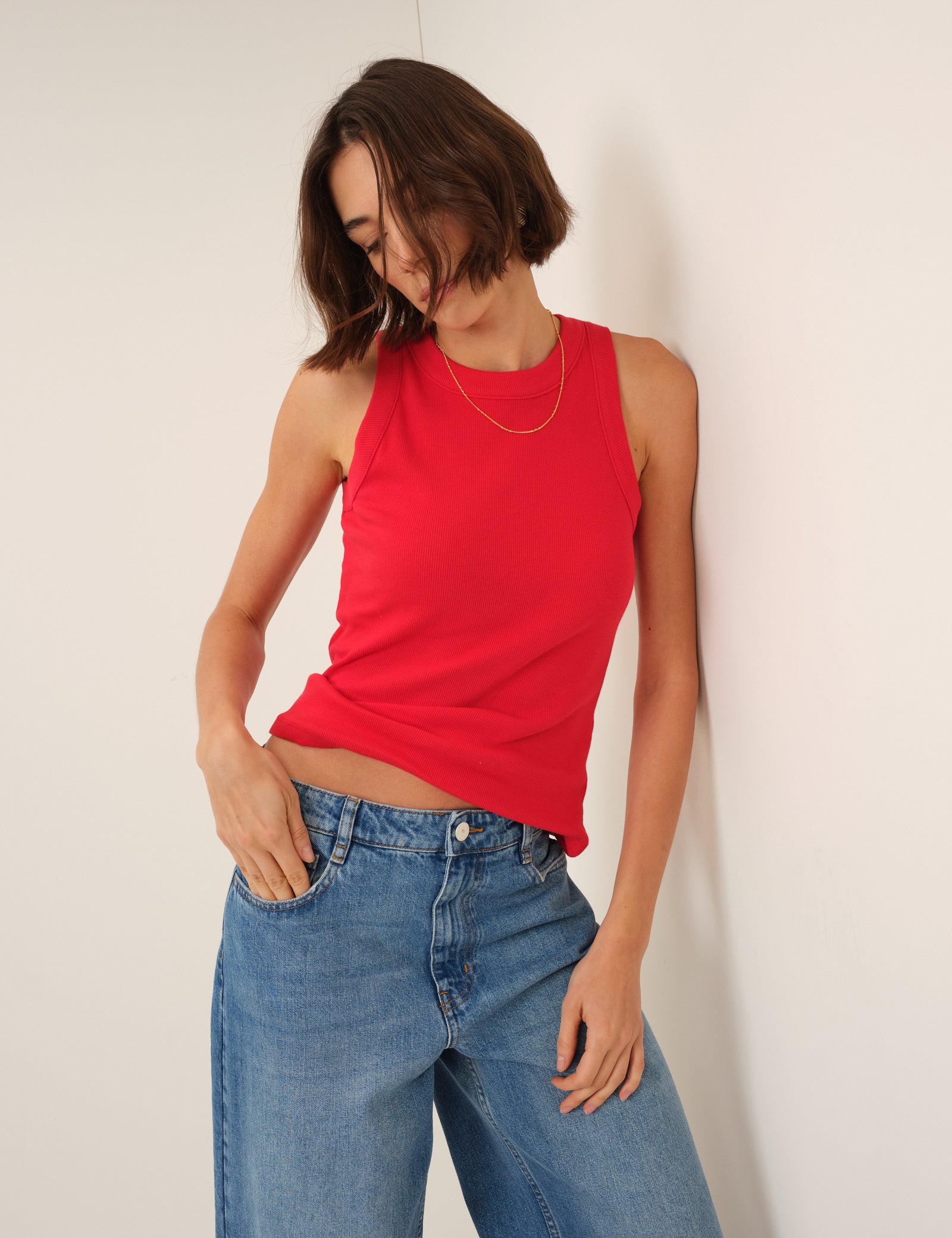 Red Ribbed Racer Vest
