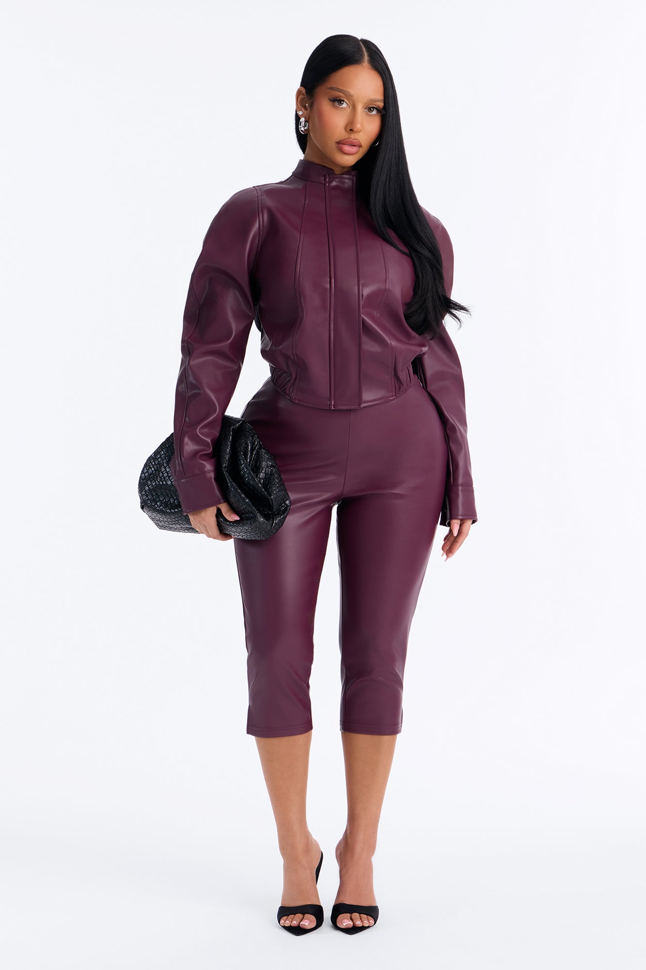Hazel Barrel Sleeve Faux Leather Jacket - Plum