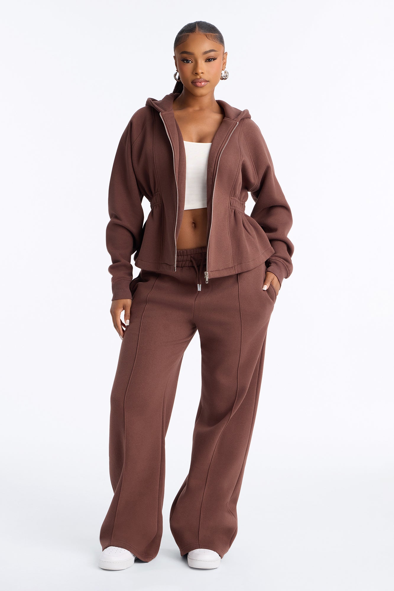 On My Mind Cinched Waist Fleece Pant Set - Brown