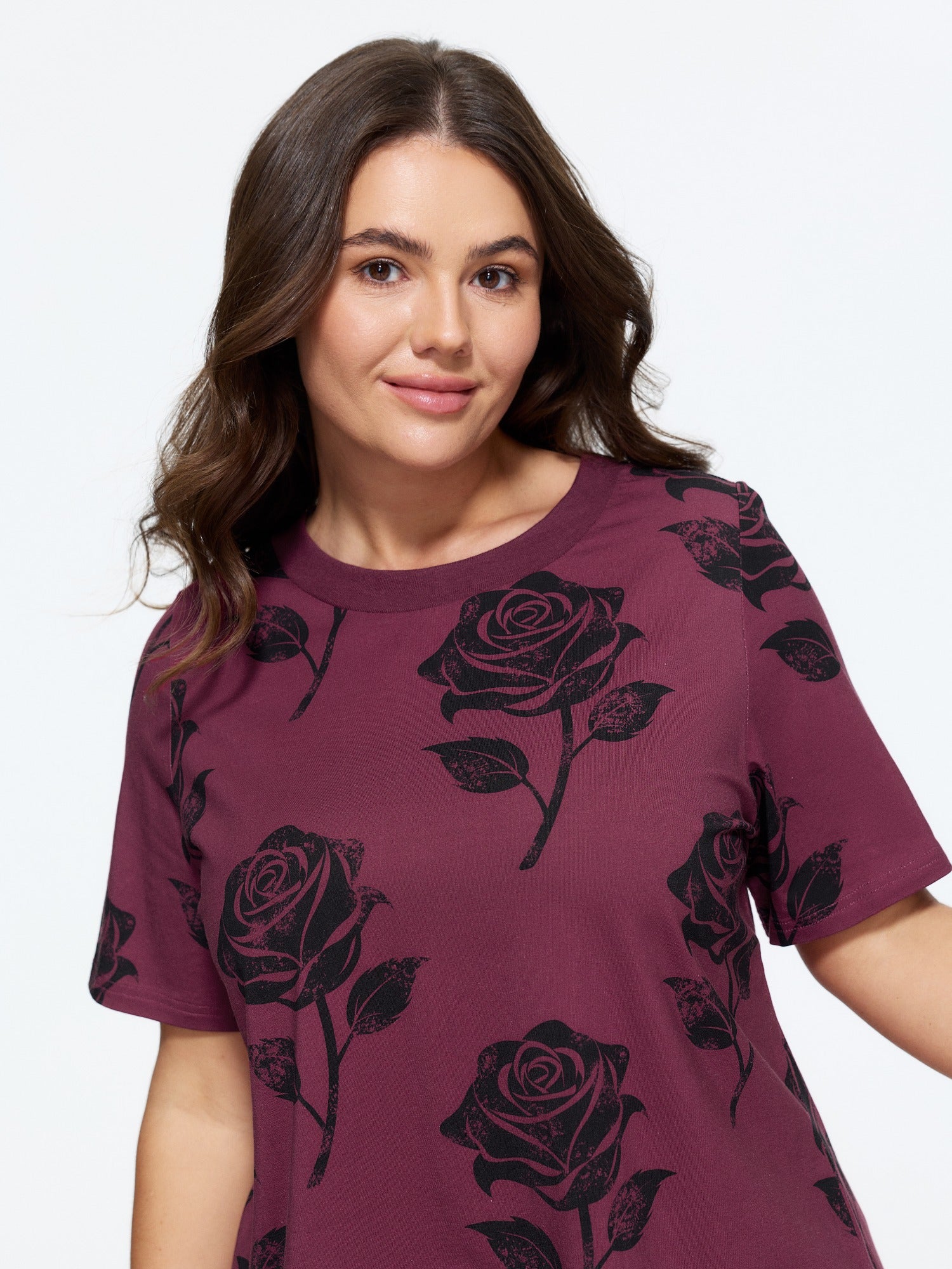 Cotton Vintage Rose Print Crew Neck T‑Shirt