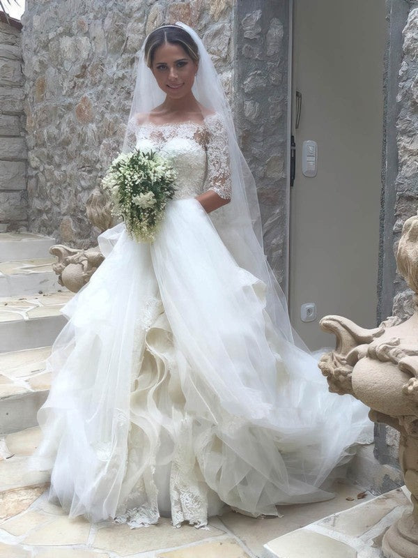 Luxurious Ball Gown Off-The-Shoulder 3/4 Long Sleeves Lace Tulle Court Train Wedding Dresses with Cascading Ruffles
