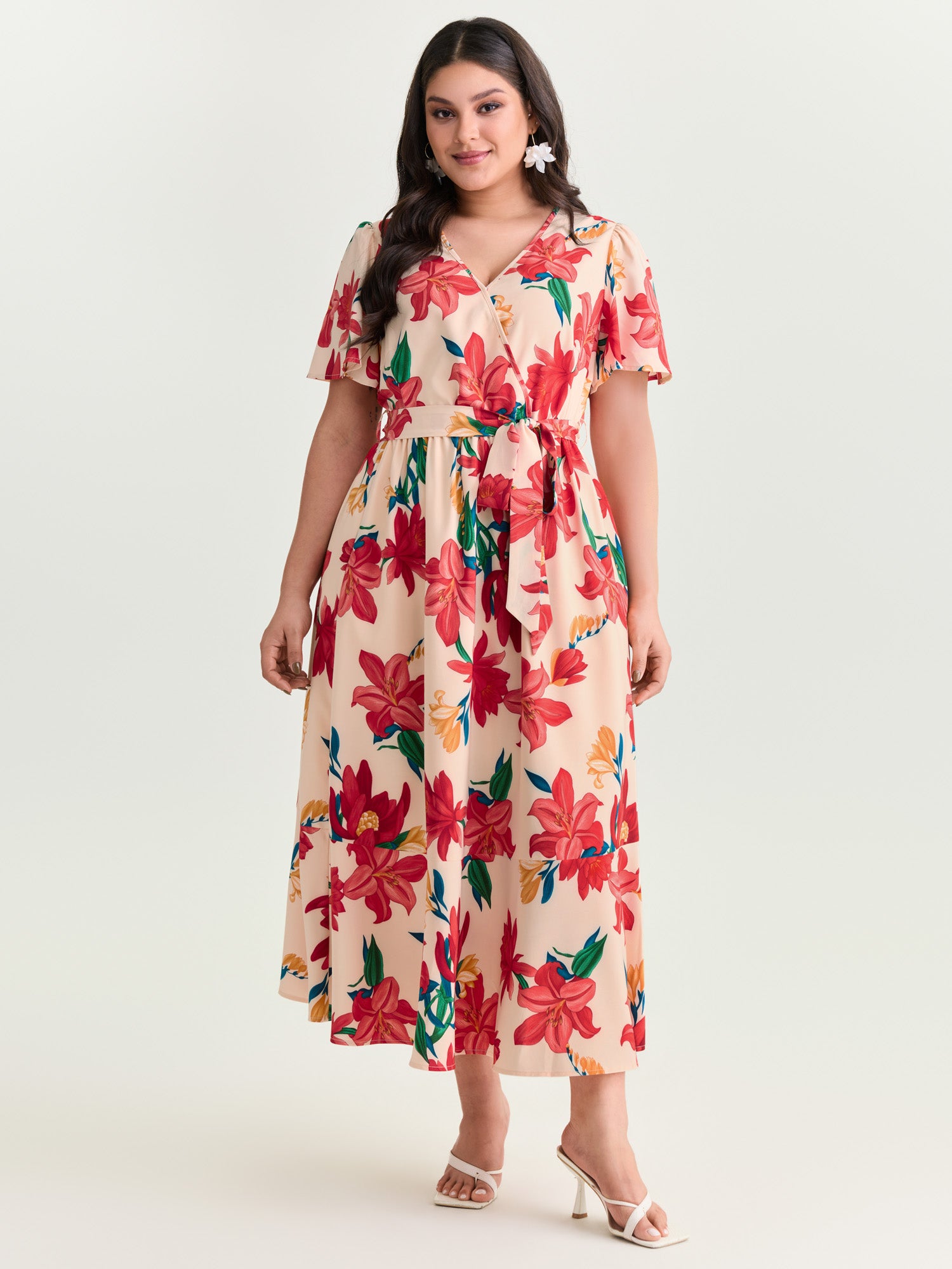 Floral Mix Wrap Neck-Tie Maxi Dress
