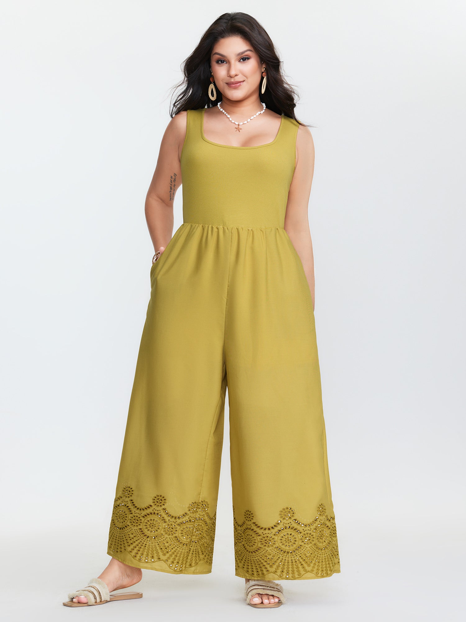 Scallop Embroidered Hem Sleeveless Jumpsuit