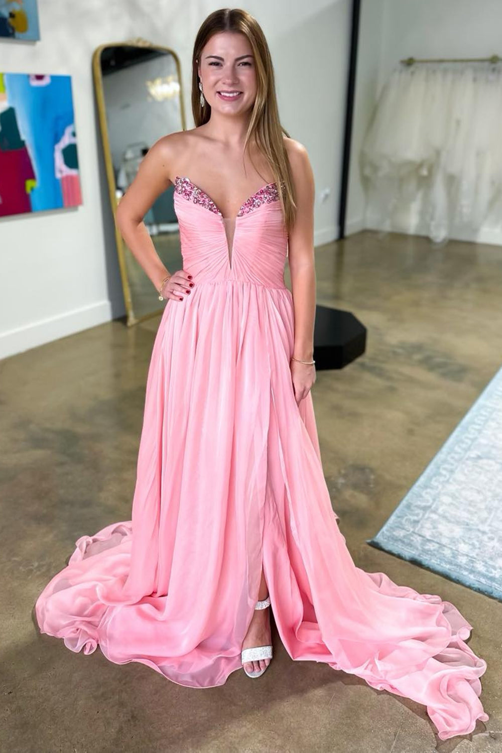 Long A-Line Chiffon Prom Dress with Slit in Pink Sweetheart