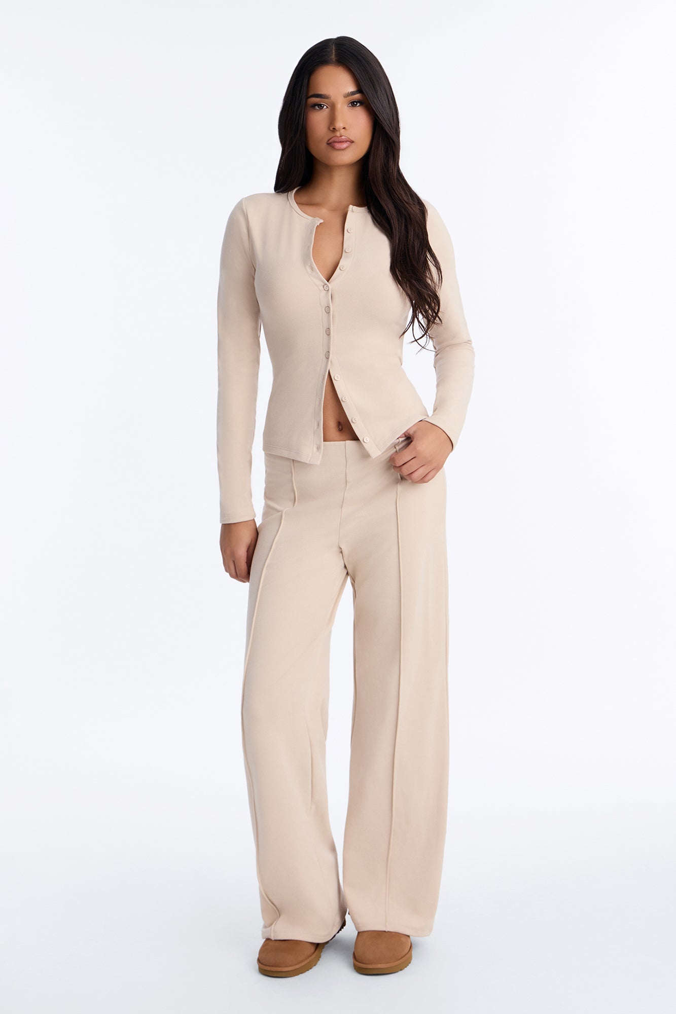 Bella Bliss Ribbed Pant Set - Beige